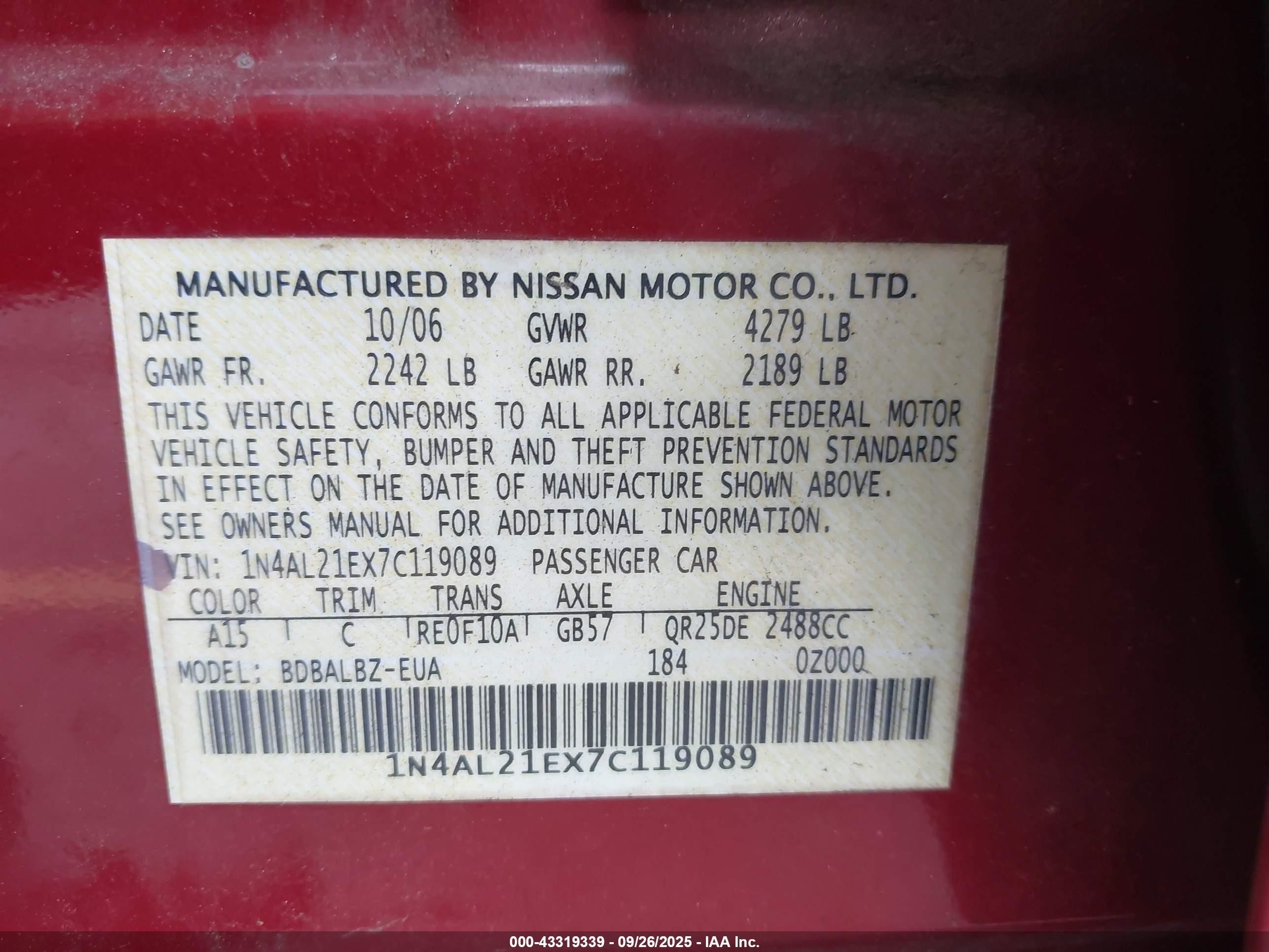 2007 Nissan Altima 2.5 S Red vin: 1N4AL21EX7C119089