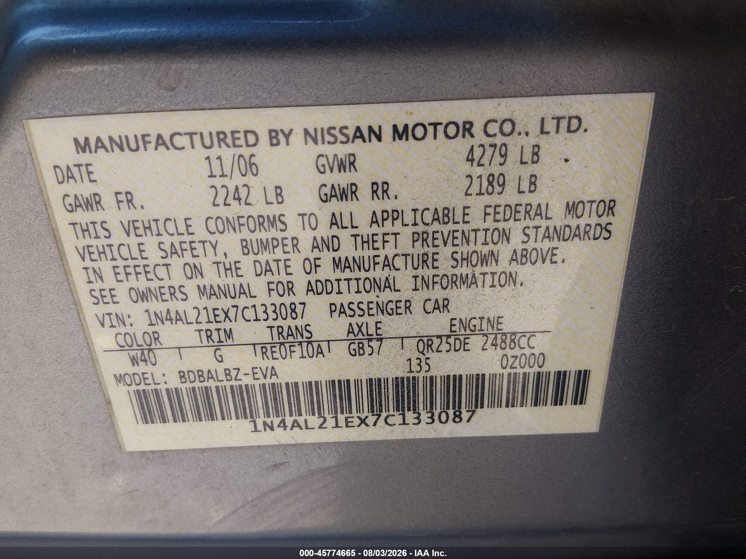 2007 Nissan Altima 2.5 S Серебряный vin: 1N4AL21EX7C133087