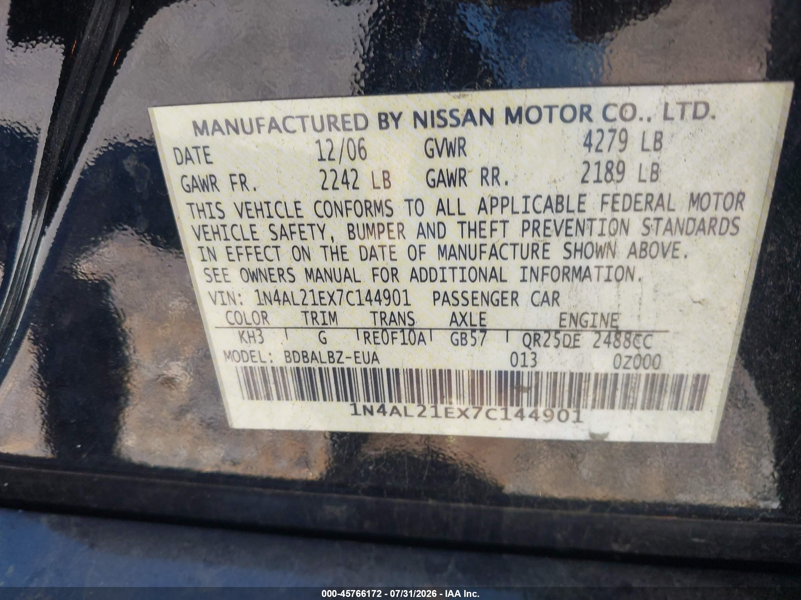 2007 Nissan Altima 2.5 S Black vin: 1N4AL21EX7C144901