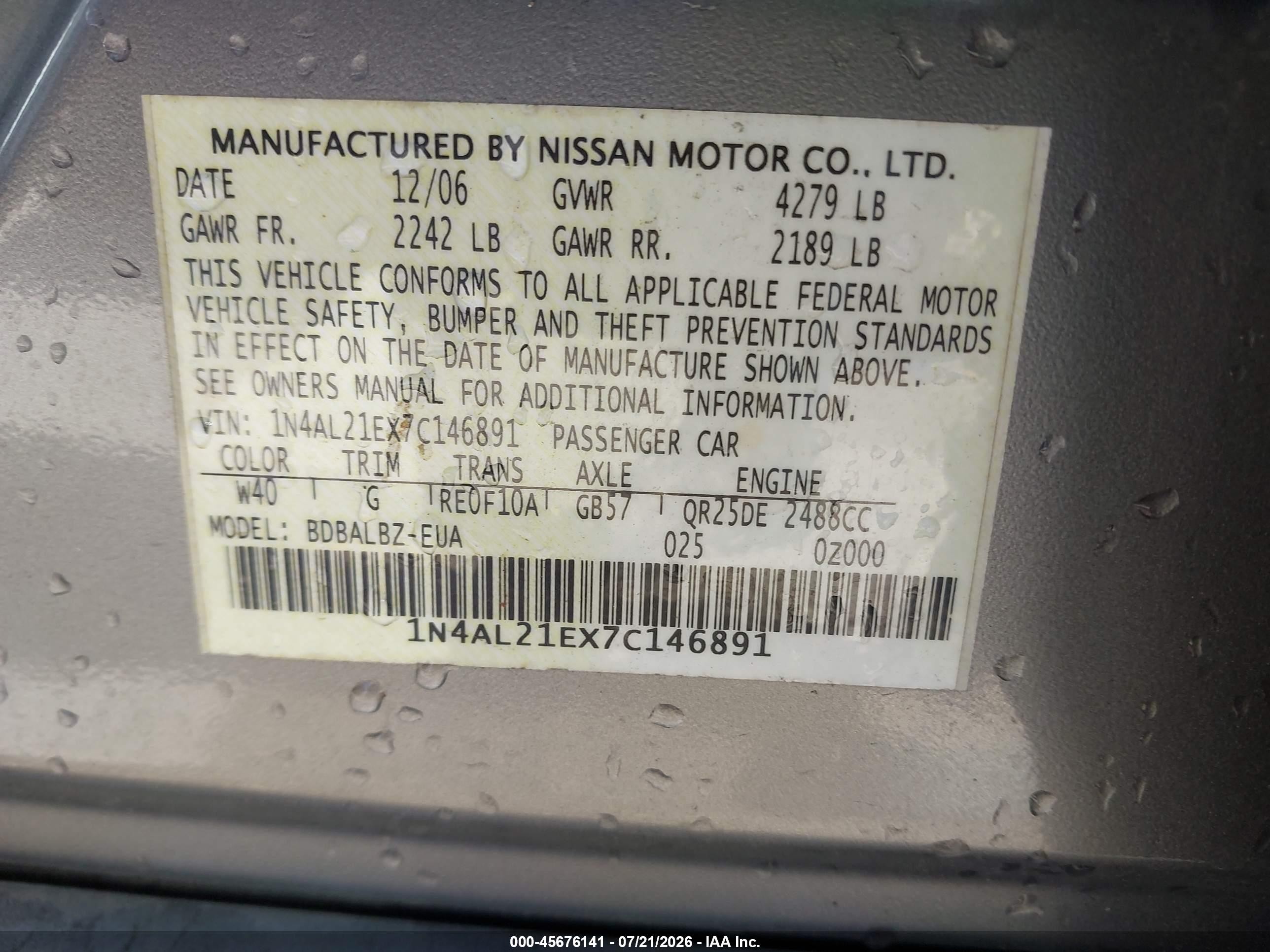 2007 Nissan Altima 2.5 S Gray vin: 1N4AL21EX7C146891