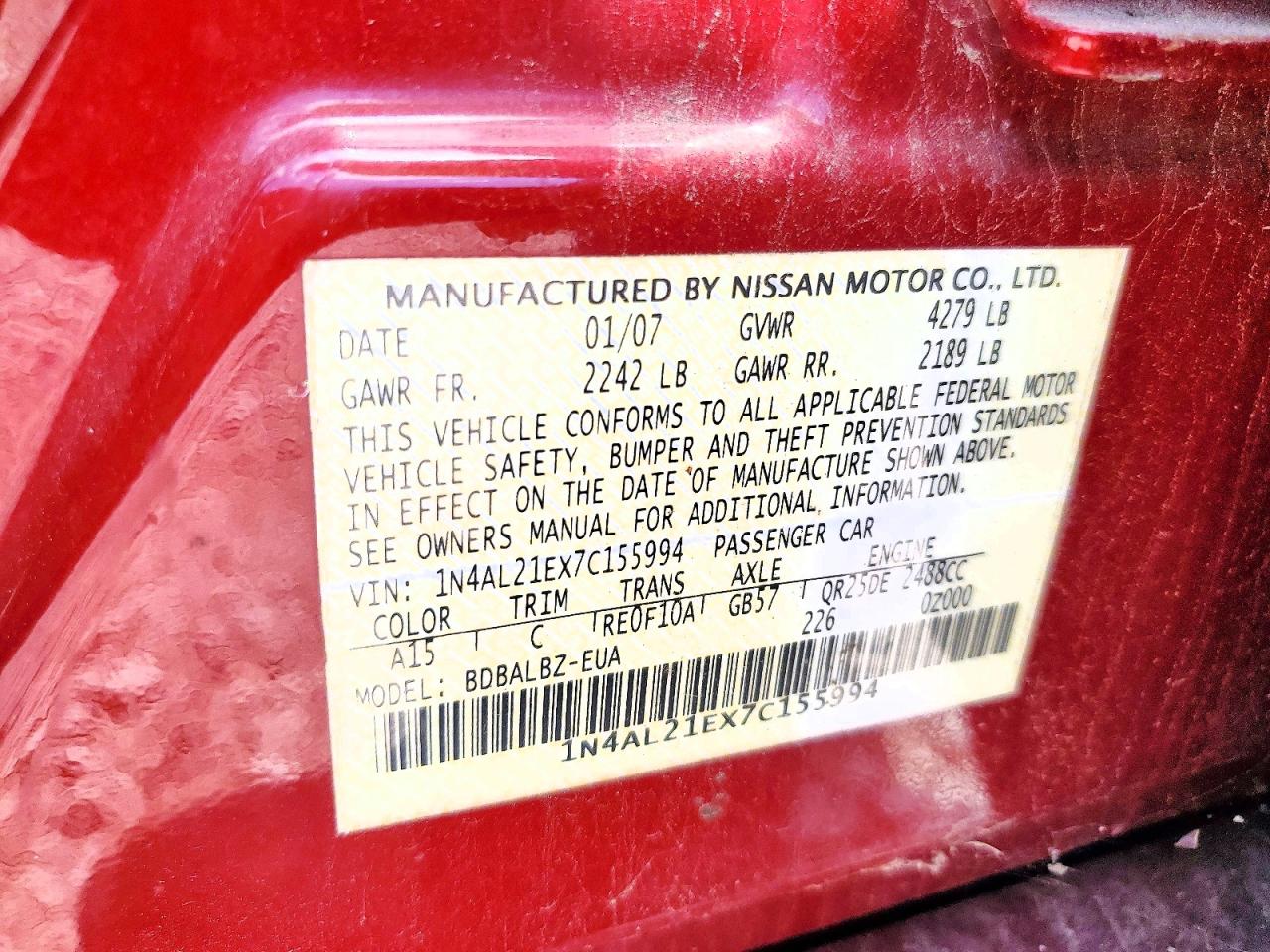 2007 Nissan Altima 2.5 Red vin: 1N4AL21EX7C155994
