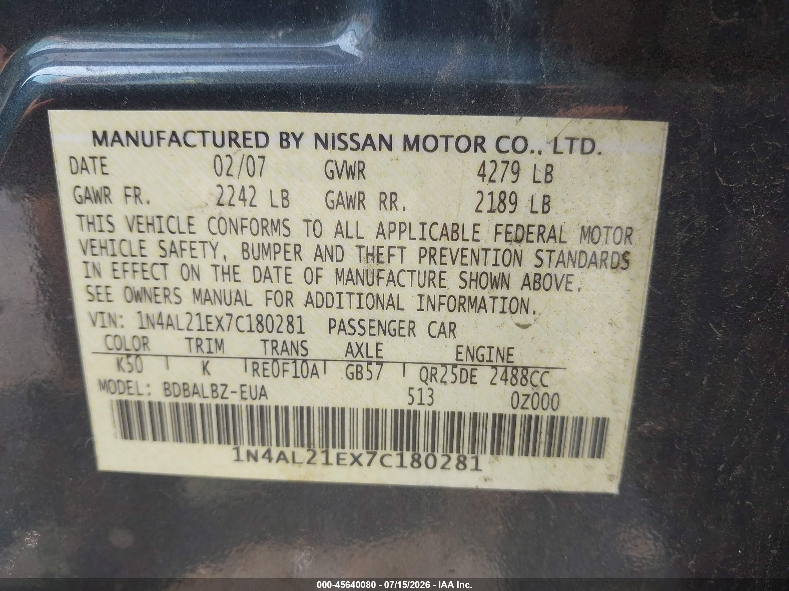 2007 Nissan Altima 2.5 S Gray vin: 1N4AL21EX7C180281