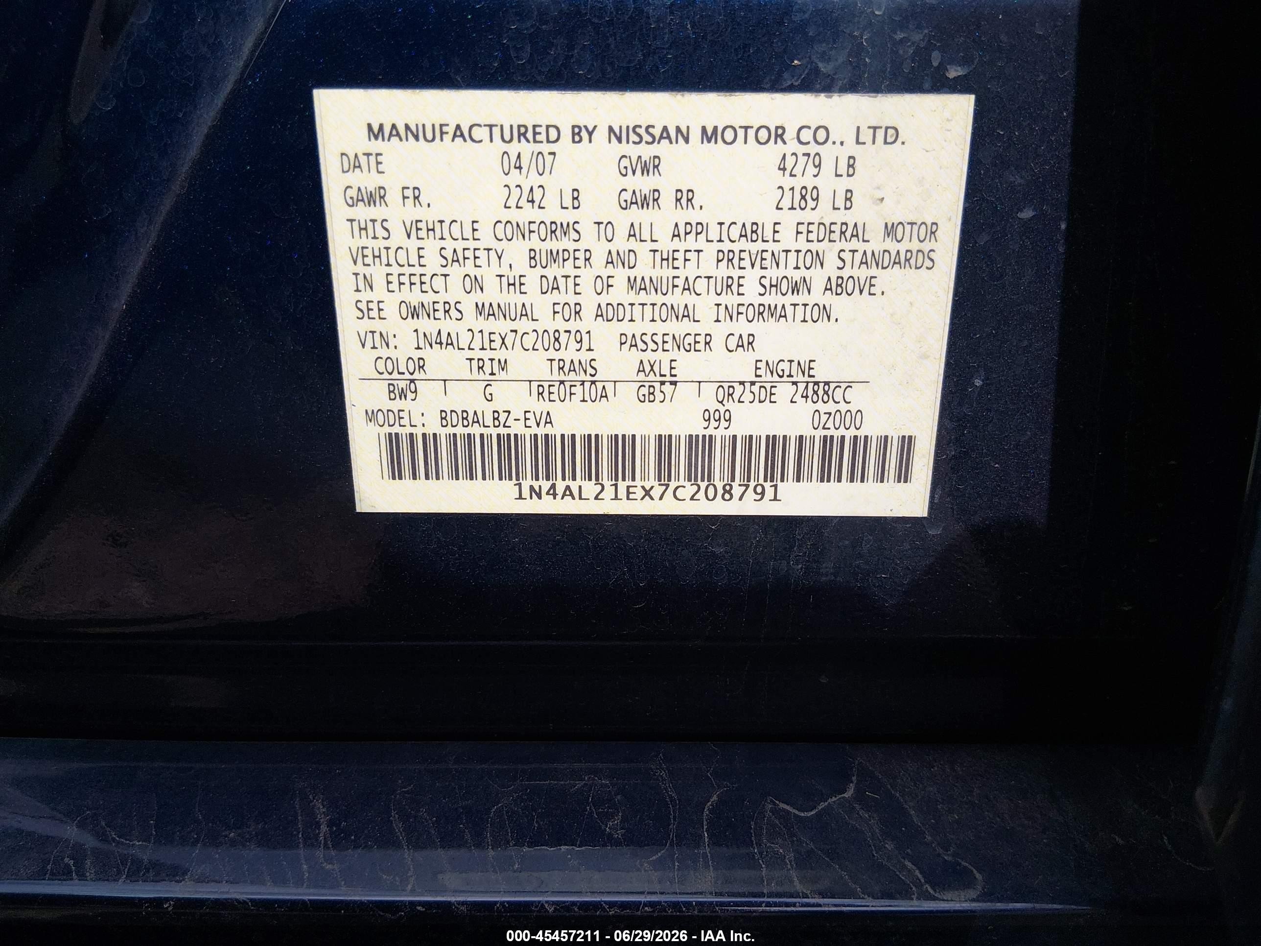 2007 Nissan Altima 2.5 S Blue vin: 1N4AL21EX7C208791