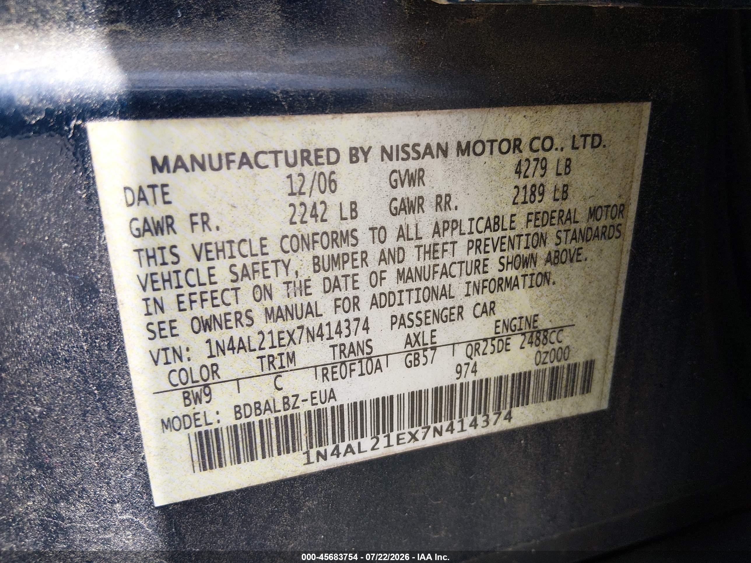 2007 Nissan Altima 2.5 S Blue vin: 1N4AL21EX7N414374