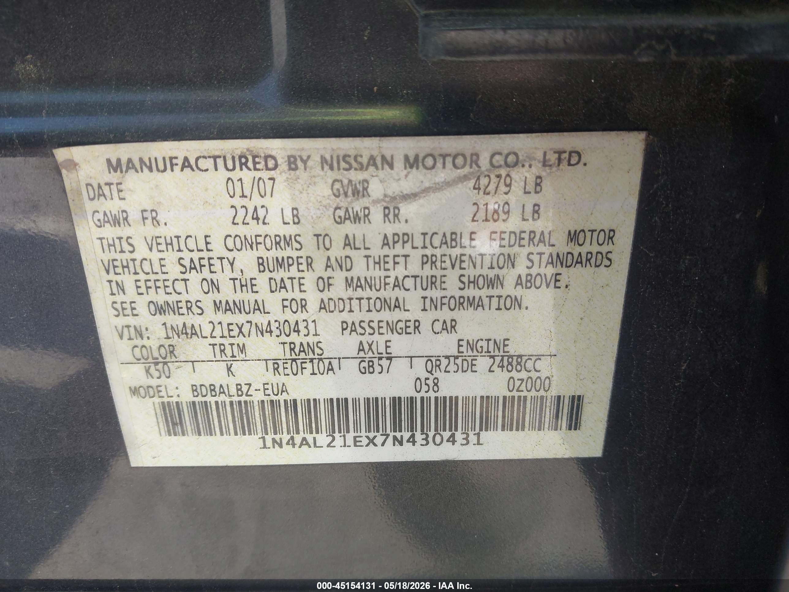 2007 Nissan Altima 2.5 S Gray vin: 1N4AL21EX7N430431
