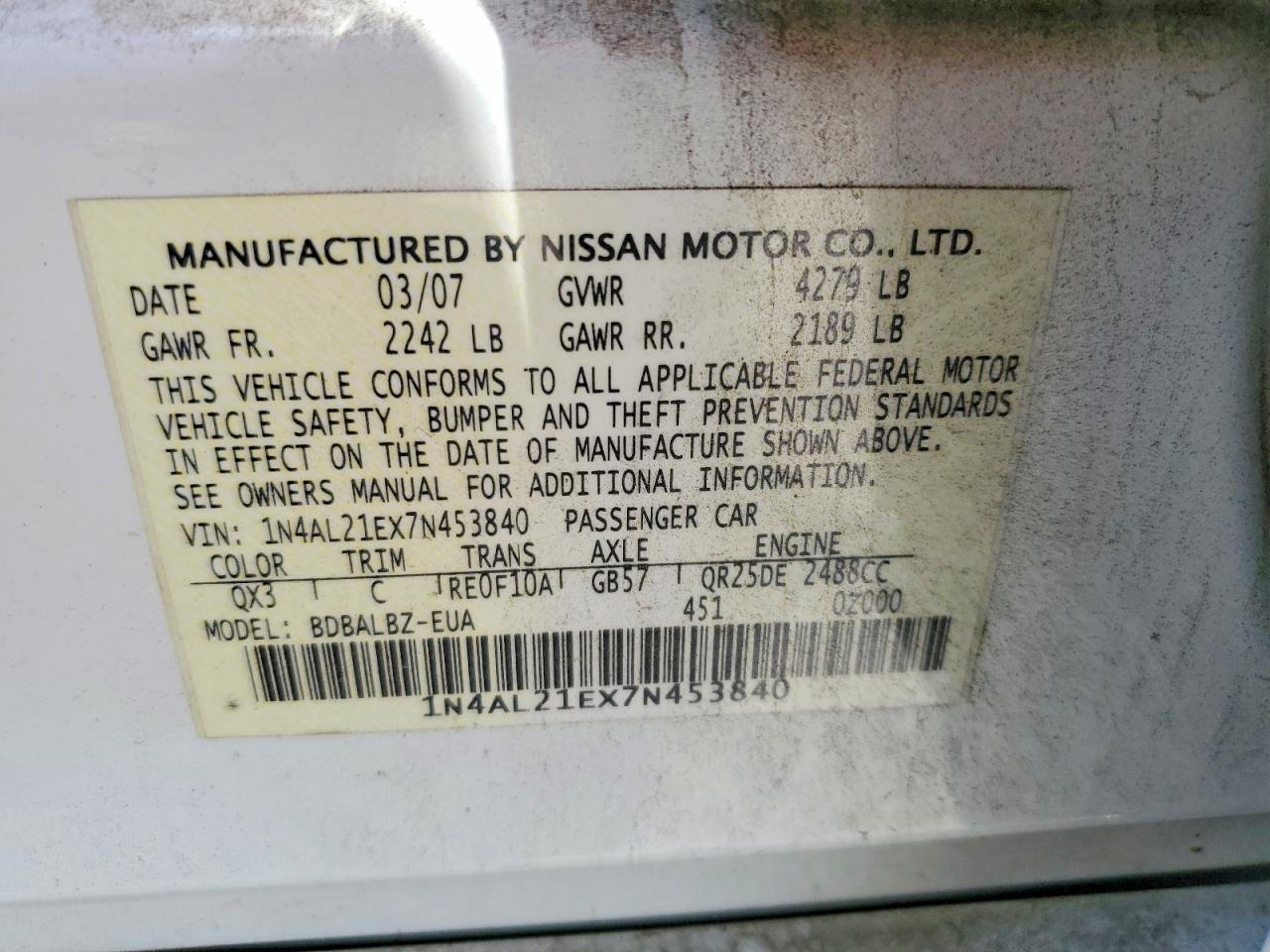 2007 Nissan Altima 2.5 White vin: 1N4AL21EX7N453840