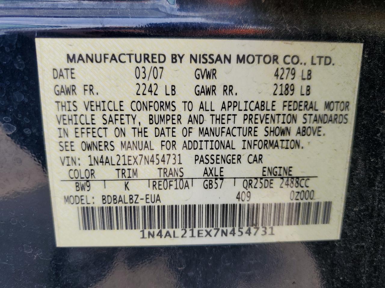 2007 Nissan Altima 2.5 Blue vin: 1N4AL21EX7N454731