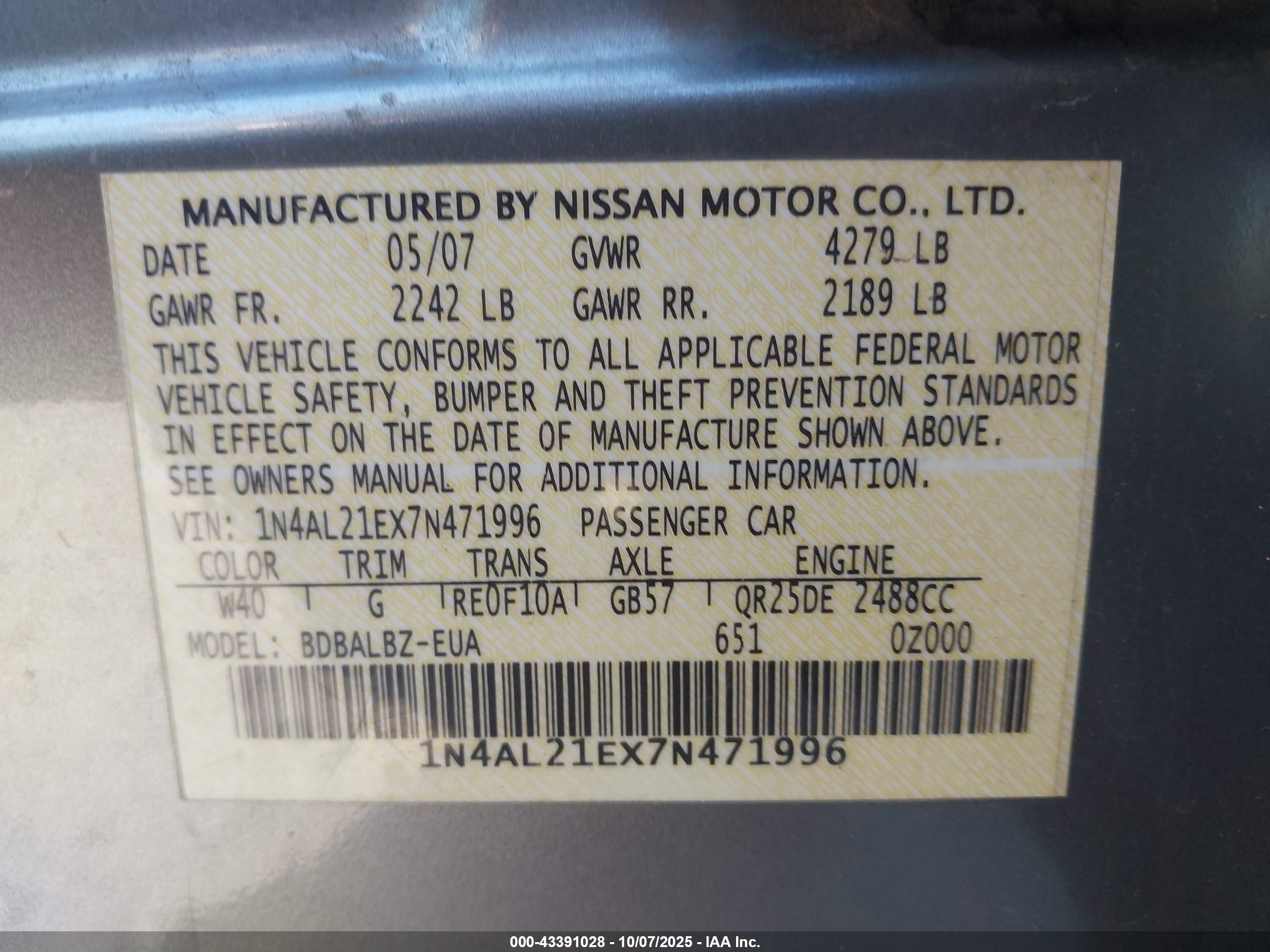 2007 Nissan Altima 2.5 S Gray vin: 1N4AL21EX7N471996