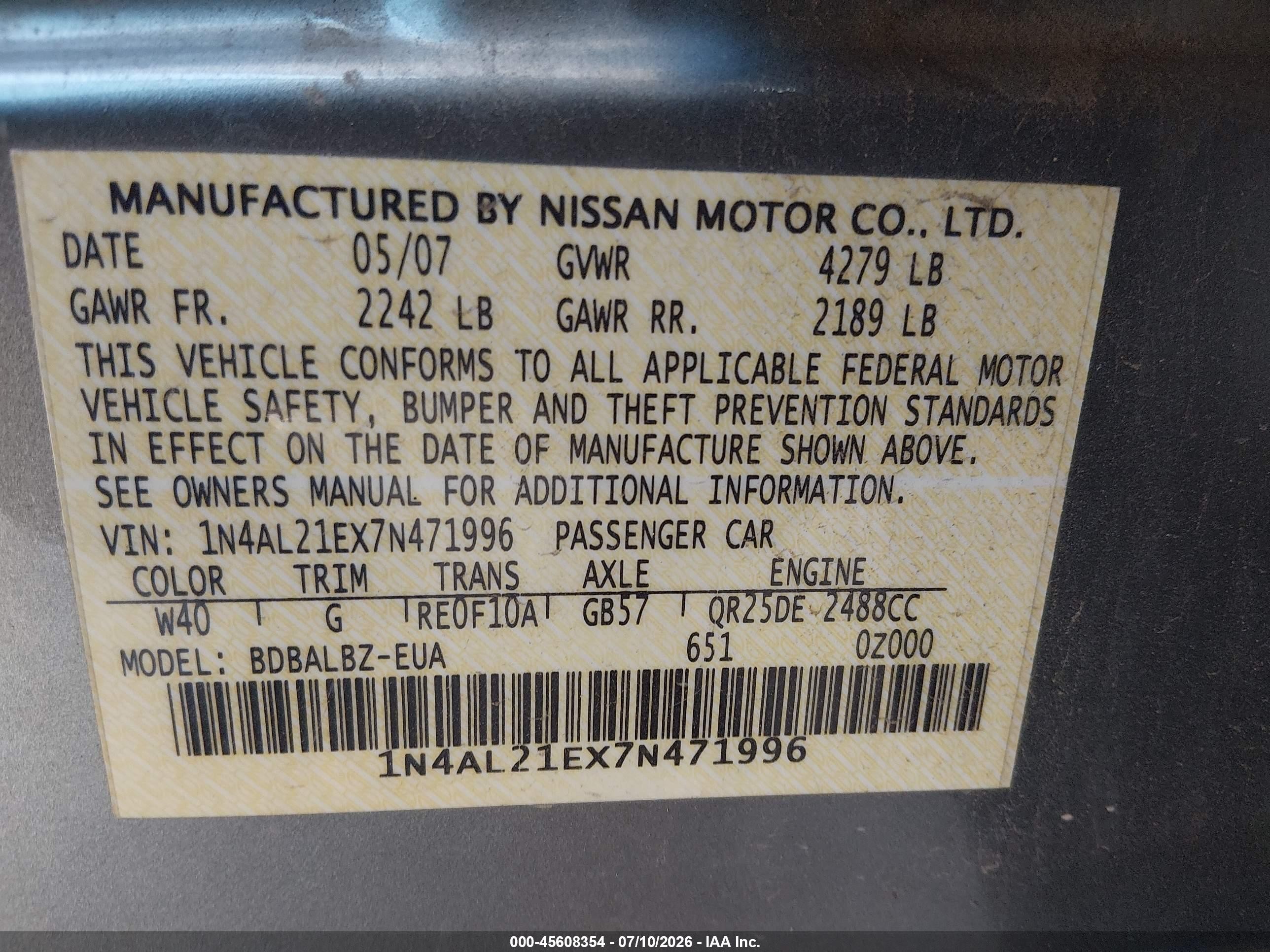 2007 Nissan Altima 2.5 S Gray vin: 1N4AL21EX7N471996
