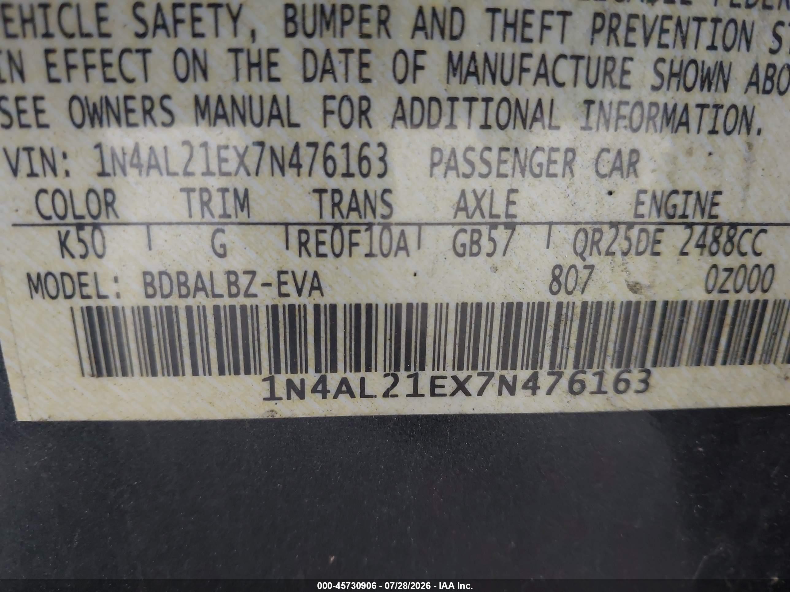 2007 Nissan Altima 2.5 S Gray vin: 1N4AL21EX7N476163