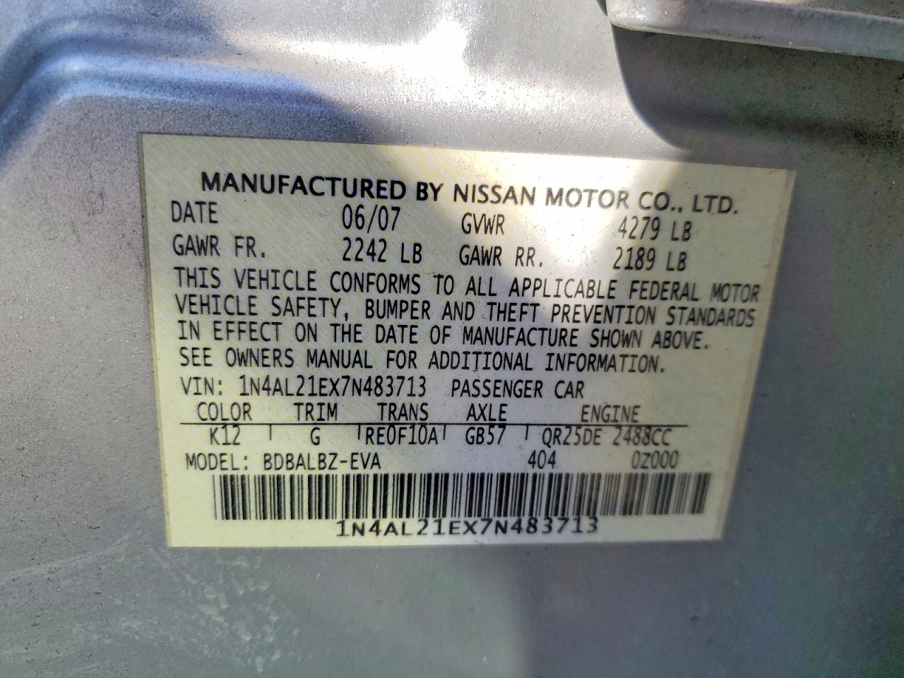 2007 Nissan Altima Серебряный vin: 1N4AL21EX7N483713