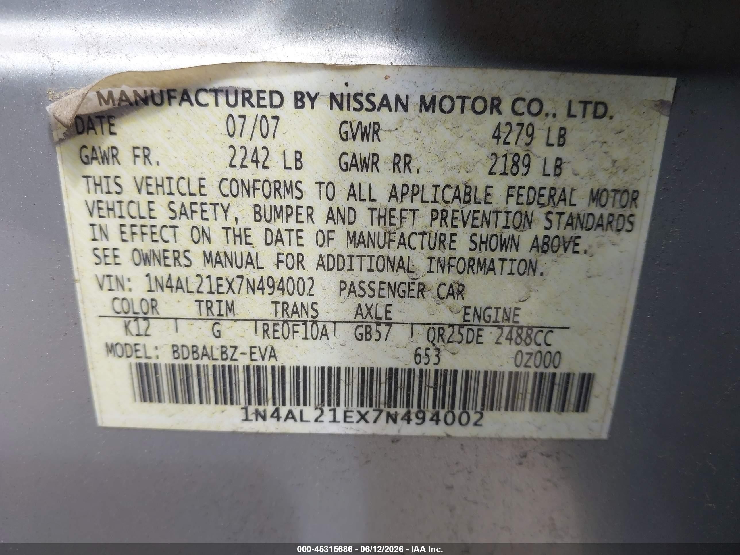 2007 Nissan Altima 2.5 S Silver vin: 1N4AL21EX7N494002