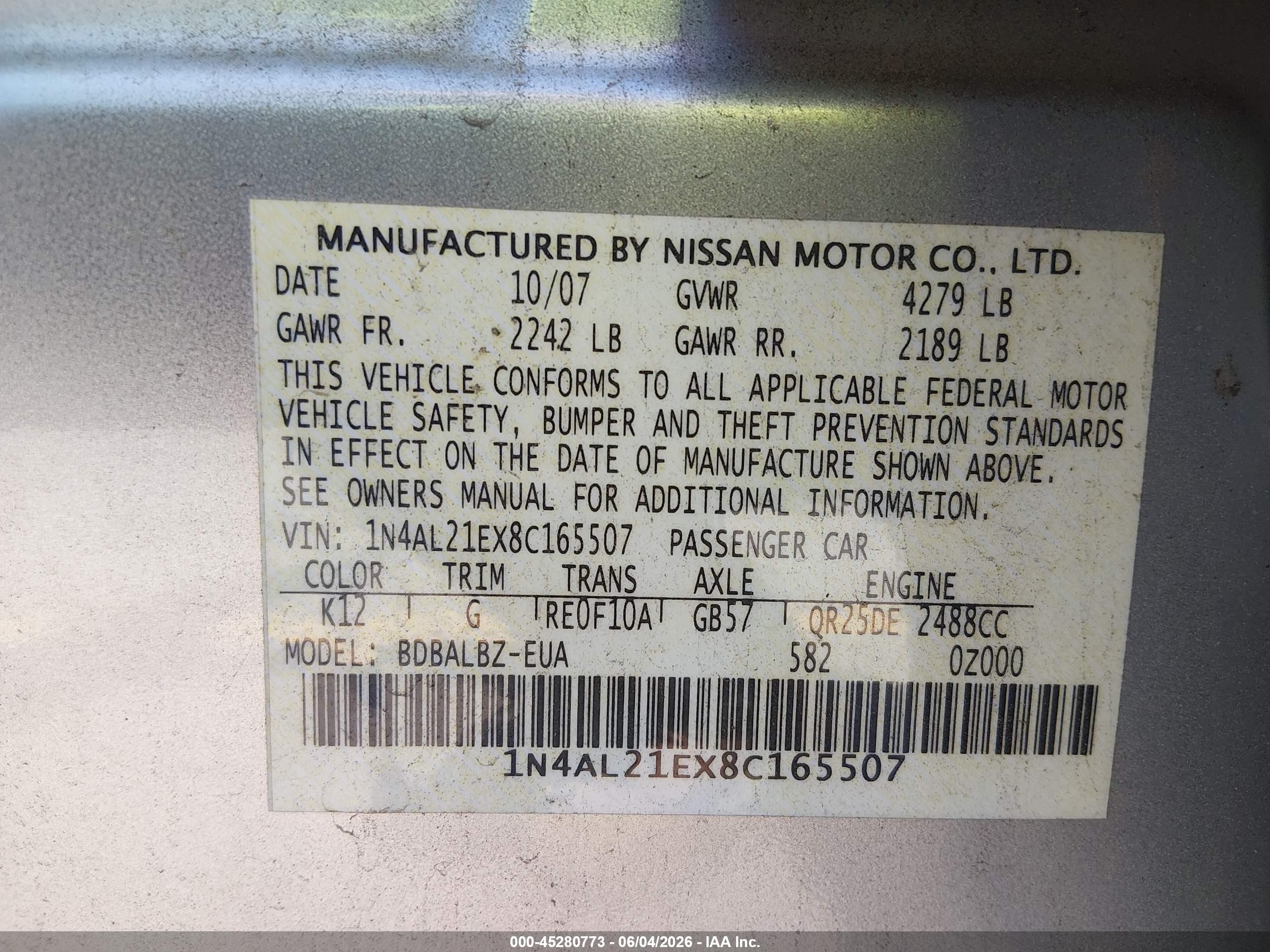 2008 Nissan Altima 2.5 S Silver vin: 1N4AL21EX8C165507
