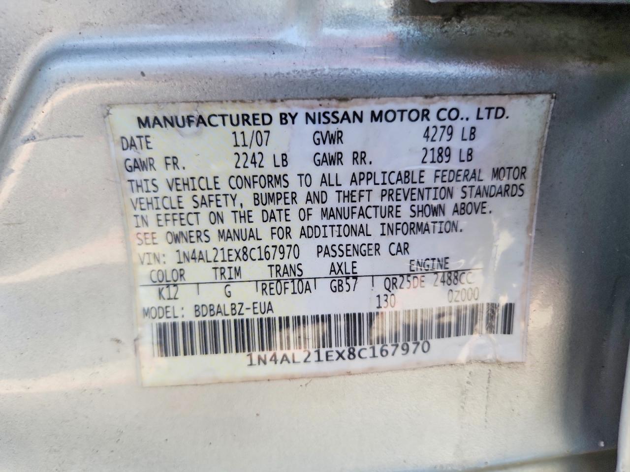 2008 Nissan Altima 2.5 Silver vin: 1N4AL21EX8C167970