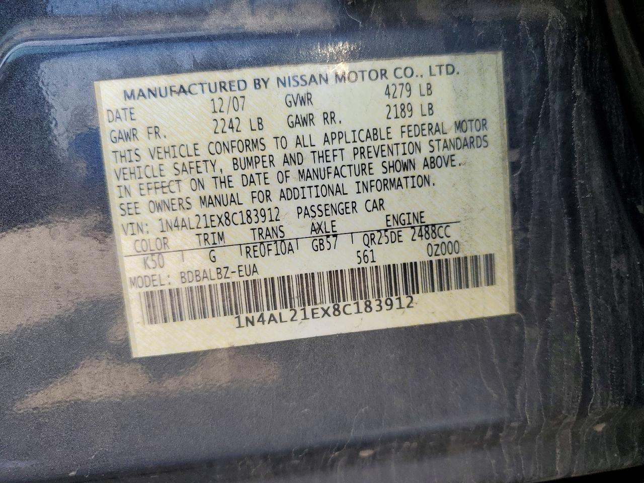 2008 Nissan Altima 2.5 Charcoal vin: 1N4AL21EX8C183912