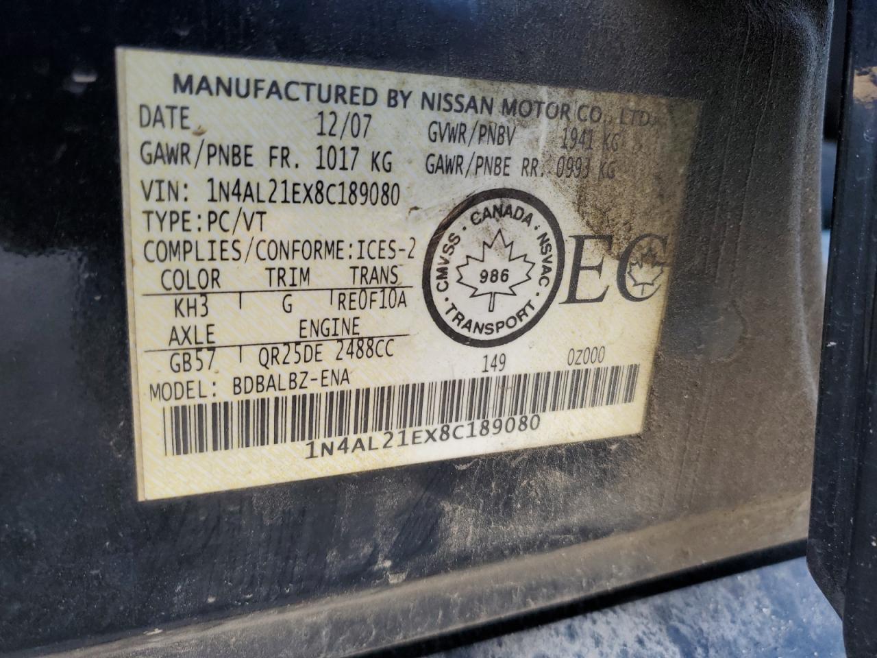 2008 Nissan Altima 2.5 Black vin: 1N4AL21EX8C189080
