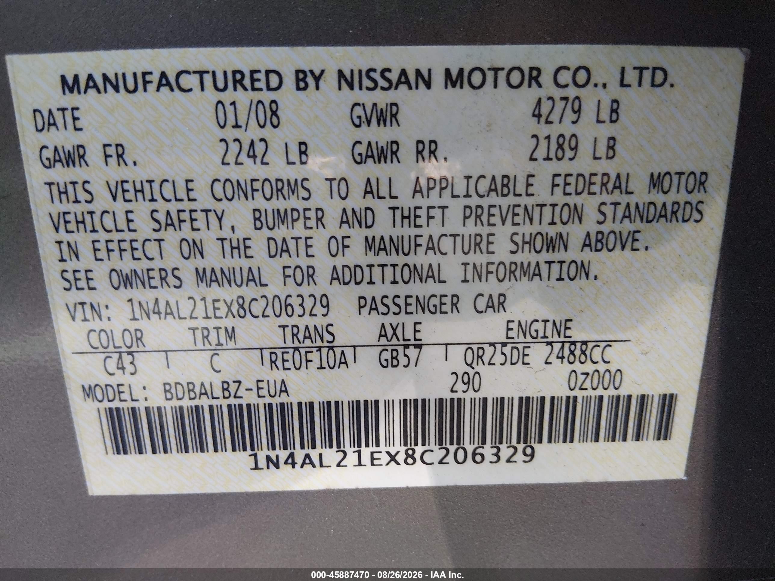2008 Nissan Altima 2.5 Sl Серый vin: 1N4AL21EX8C206329