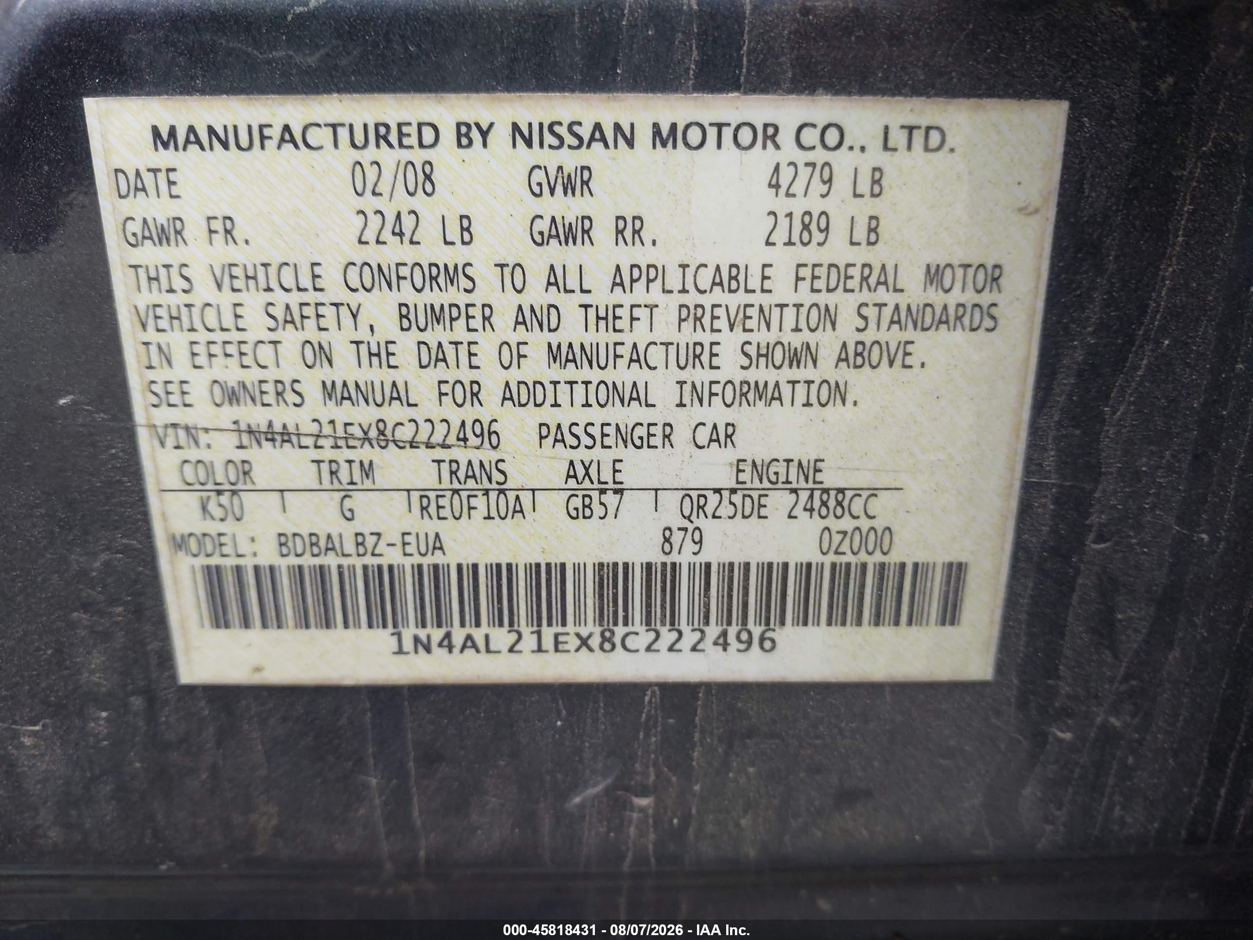 2008 Nissan Altima 2.5 S Серый vin: 1N4AL21EX8C222496