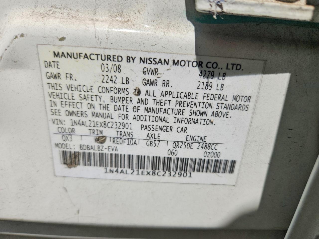 2008 Nissan Altima 2.5 White vin: 1N4AL21EX8C232901