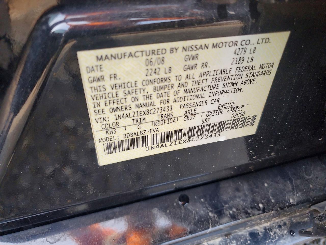 2008 Nissan Altima 2.5 Black vin: 1N4AL21EX8C273433