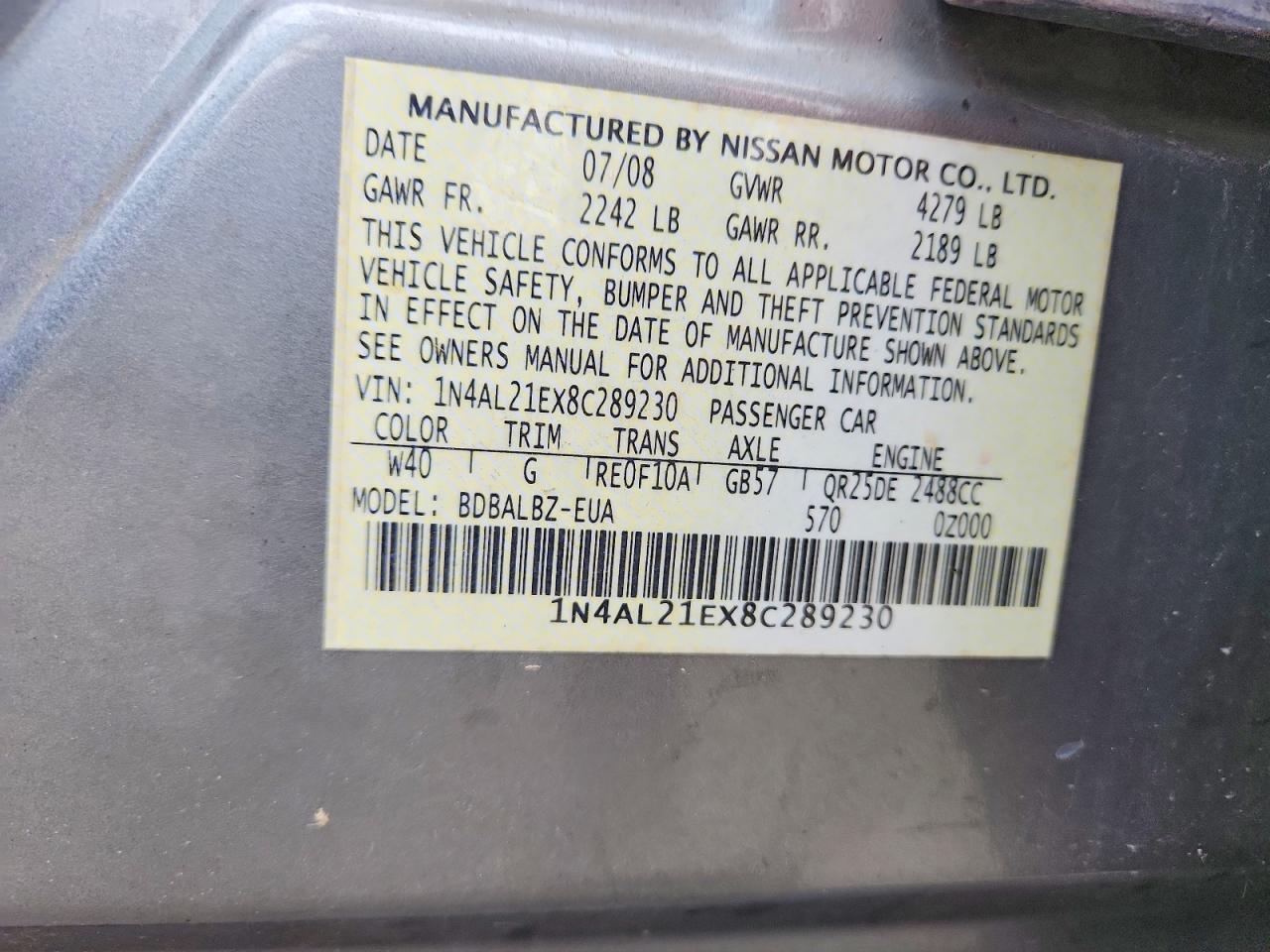 2008 Nissan Altima 2.5 Gray vin: 1N4AL21EX8C289230