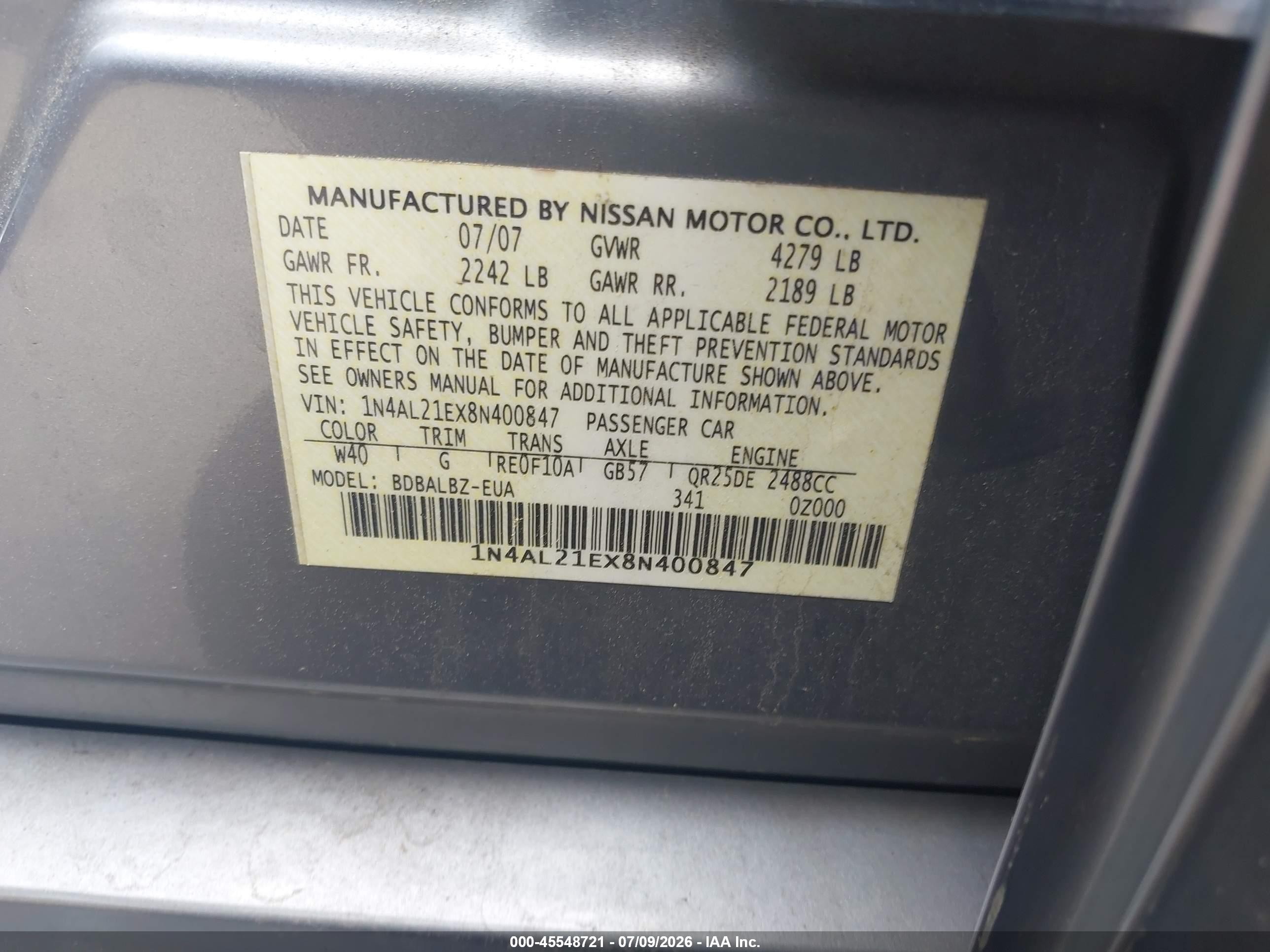2008 Nissan Altima 2.5 S Silver vin: 1N4AL21EX8N400847