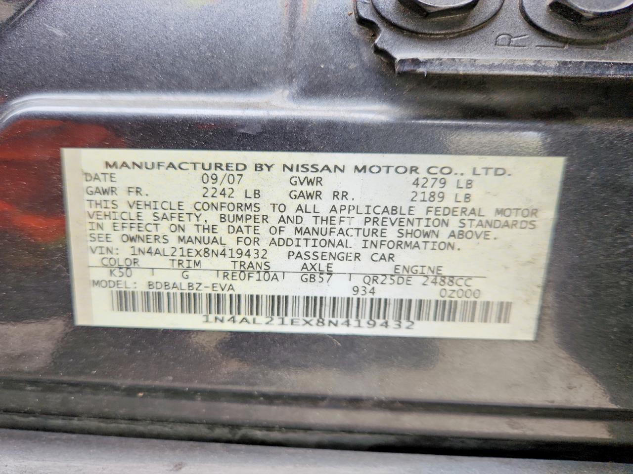2008 Nissan Altima 2.5 Gray vin: 1N4AL21EX8N419432