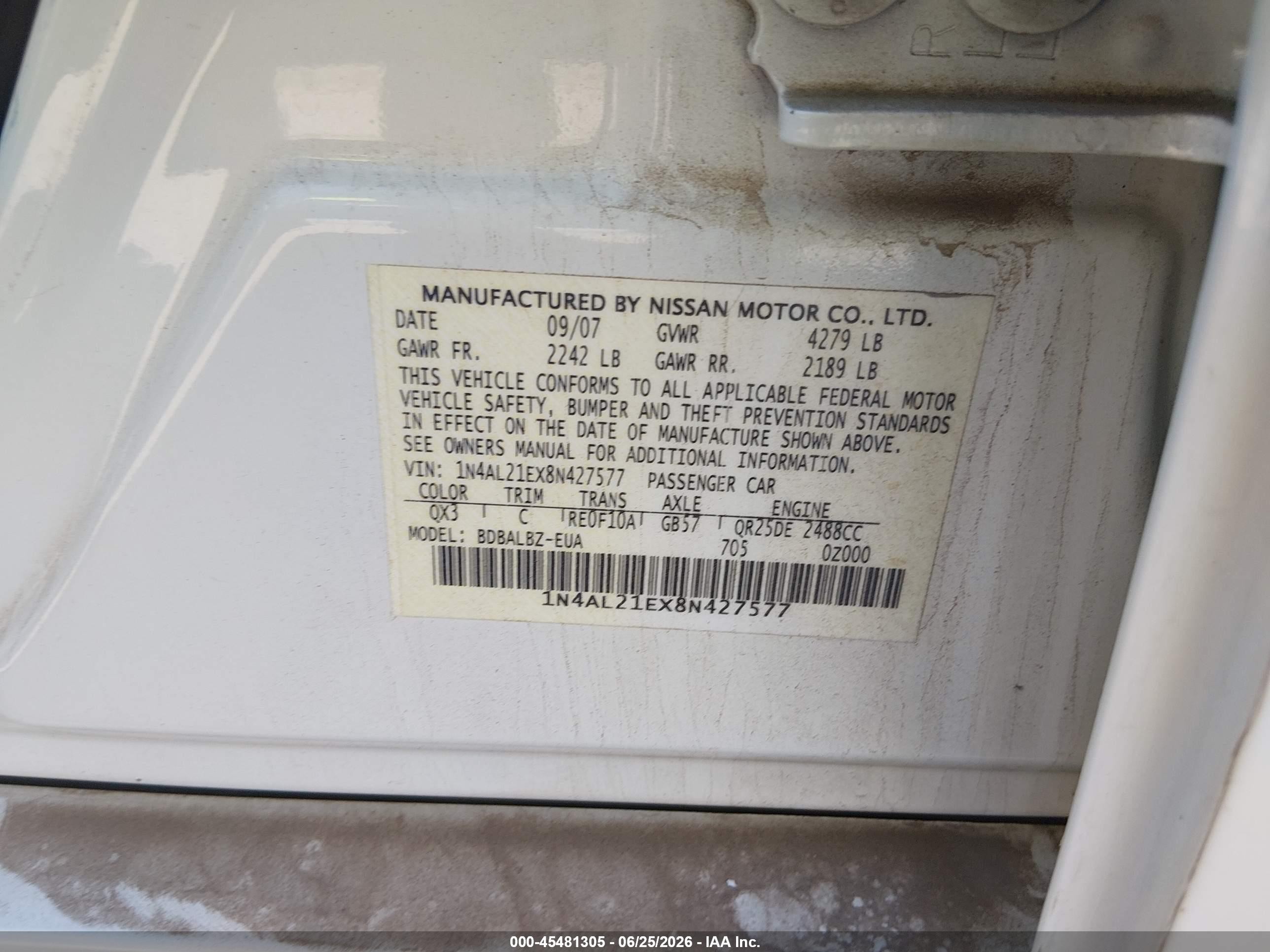 2008 Nissan Altima 2.5 Sl White vin: 1N4AL21EX8N427577