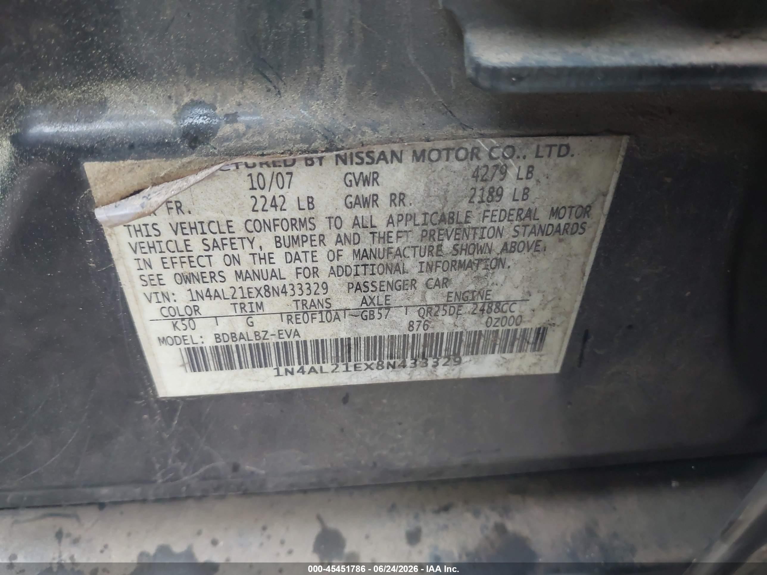 2008 Nissan Altima 2.5 Sl Серый vin: 1N4AL21EX8N433329