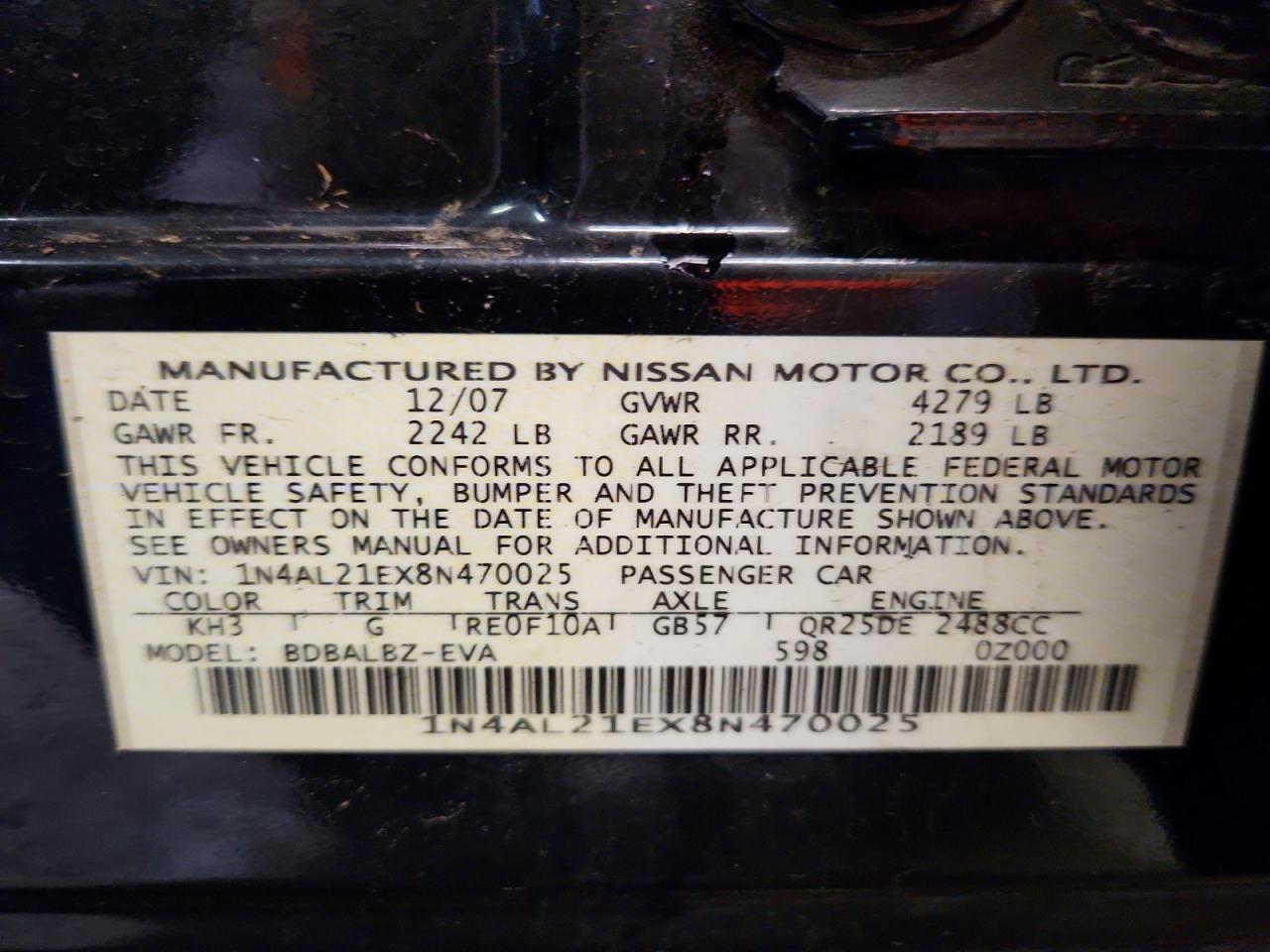 2008 Nissan Altima 2.5 Black vin: 1N4AL21EX8N470025