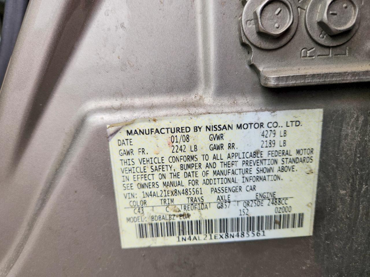 2008 Nissan Altima 2.5 Gold vin: 1N4AL21EX8N485561