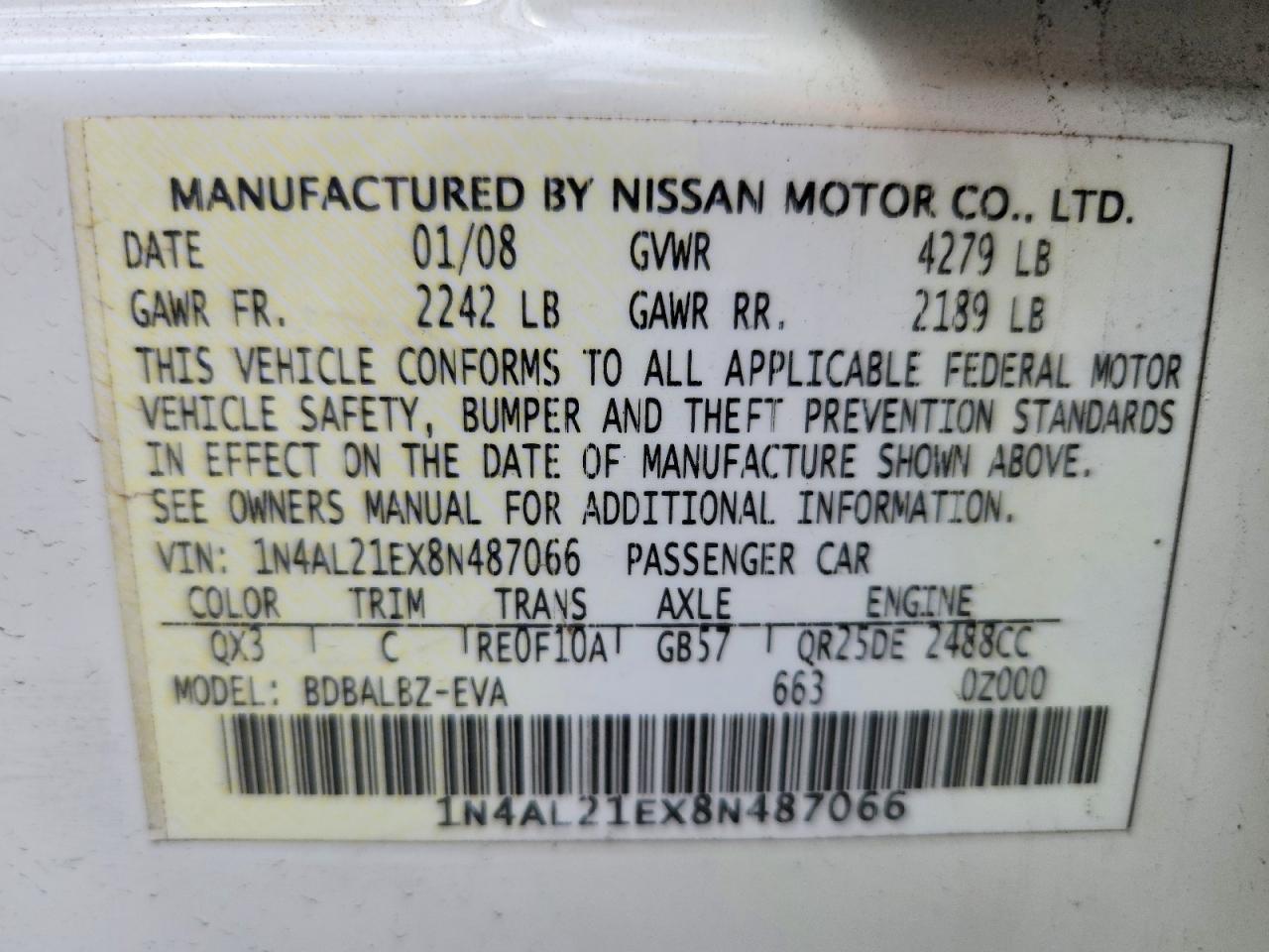 2008 Nissan Altima 2.5 White vin: 1N4AL21EX8N487066