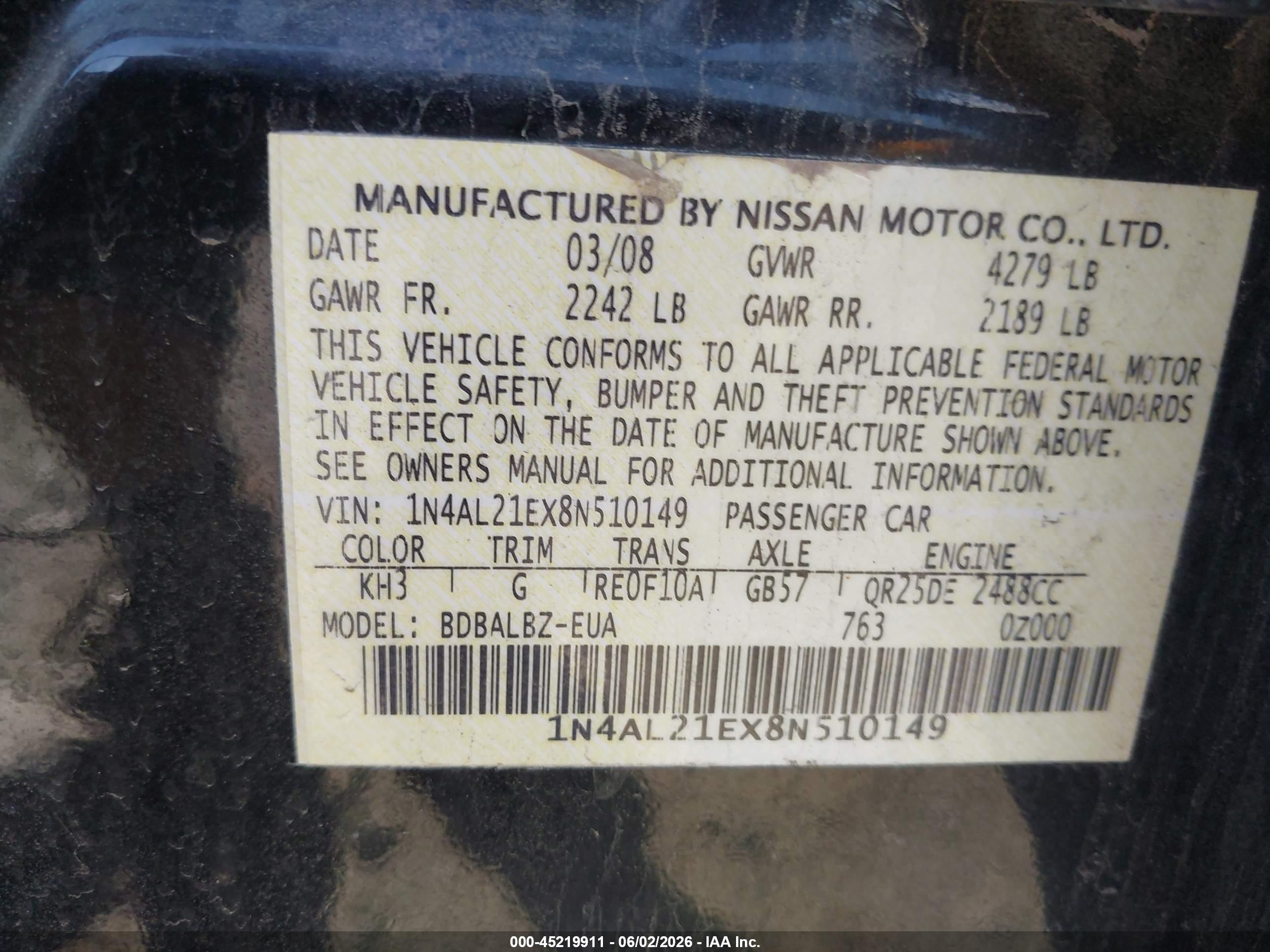 2008 Nissan Altima 2.5 S Black vin: 1N4AL21EX8N510149