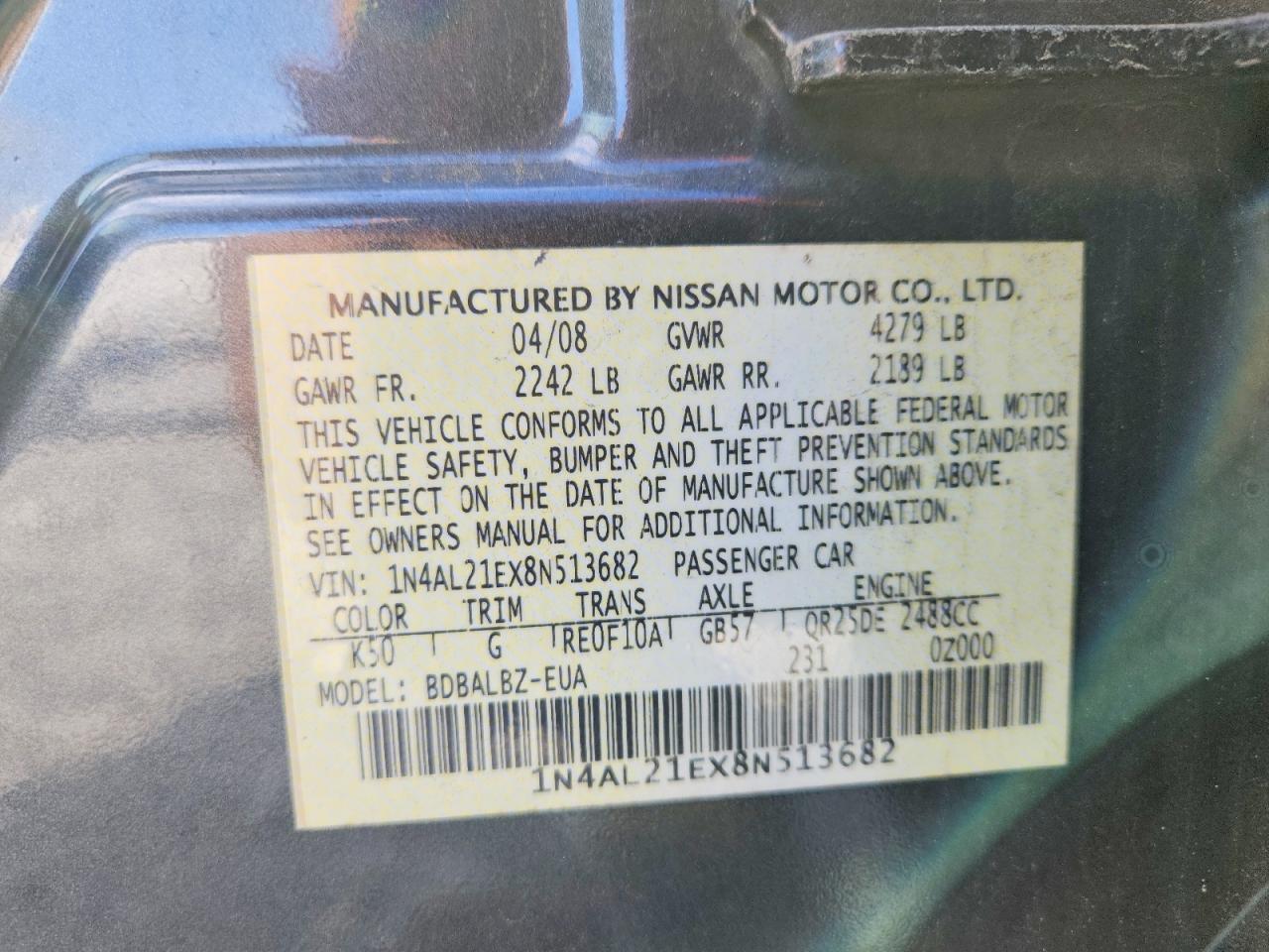 2008 Nissan Altima 2.5 Серый vin: 1N4AL21EX8N513682