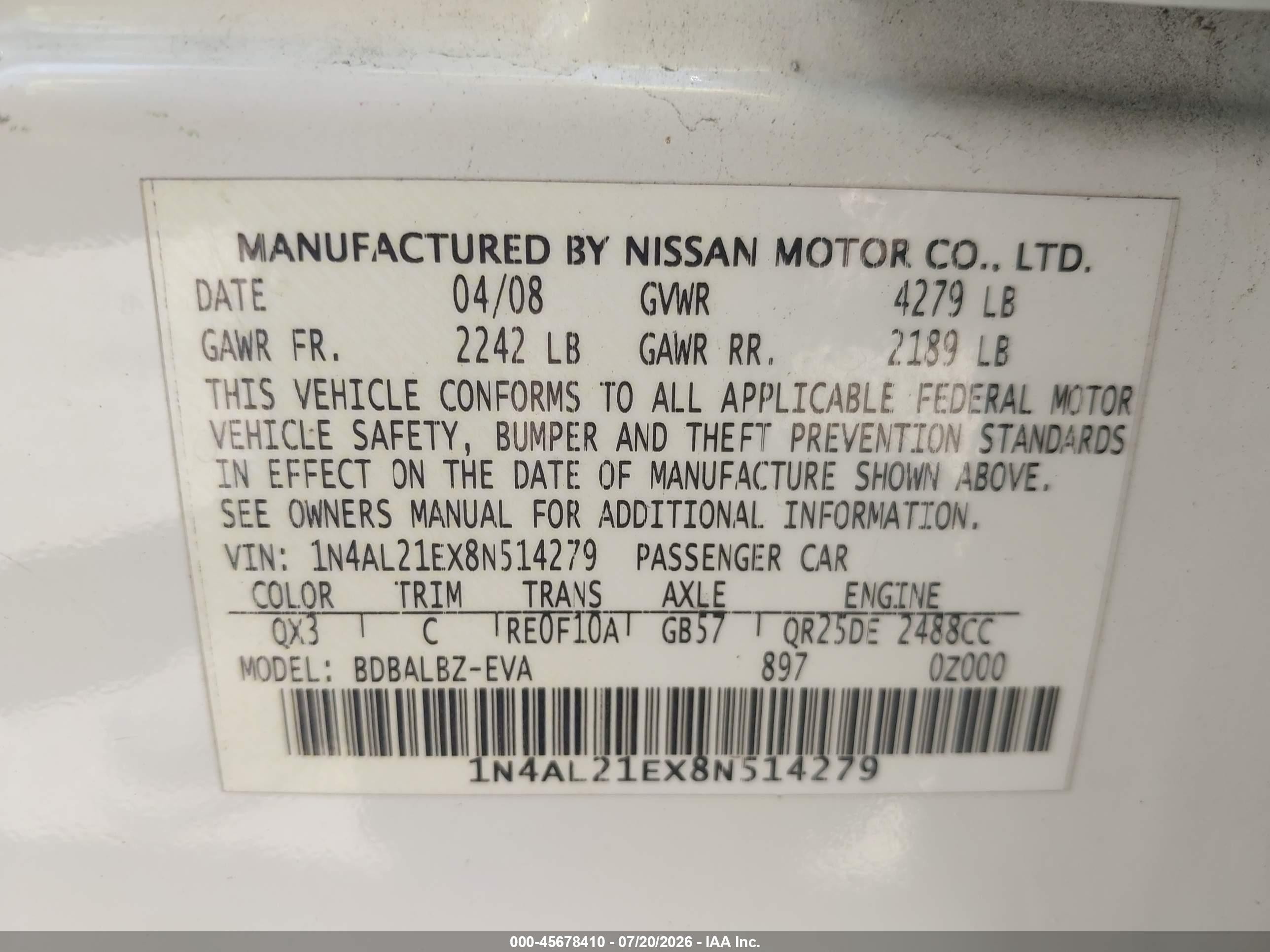2008 Nissan Altima 2.5 S White vin: 1N4AL21EX8N514279