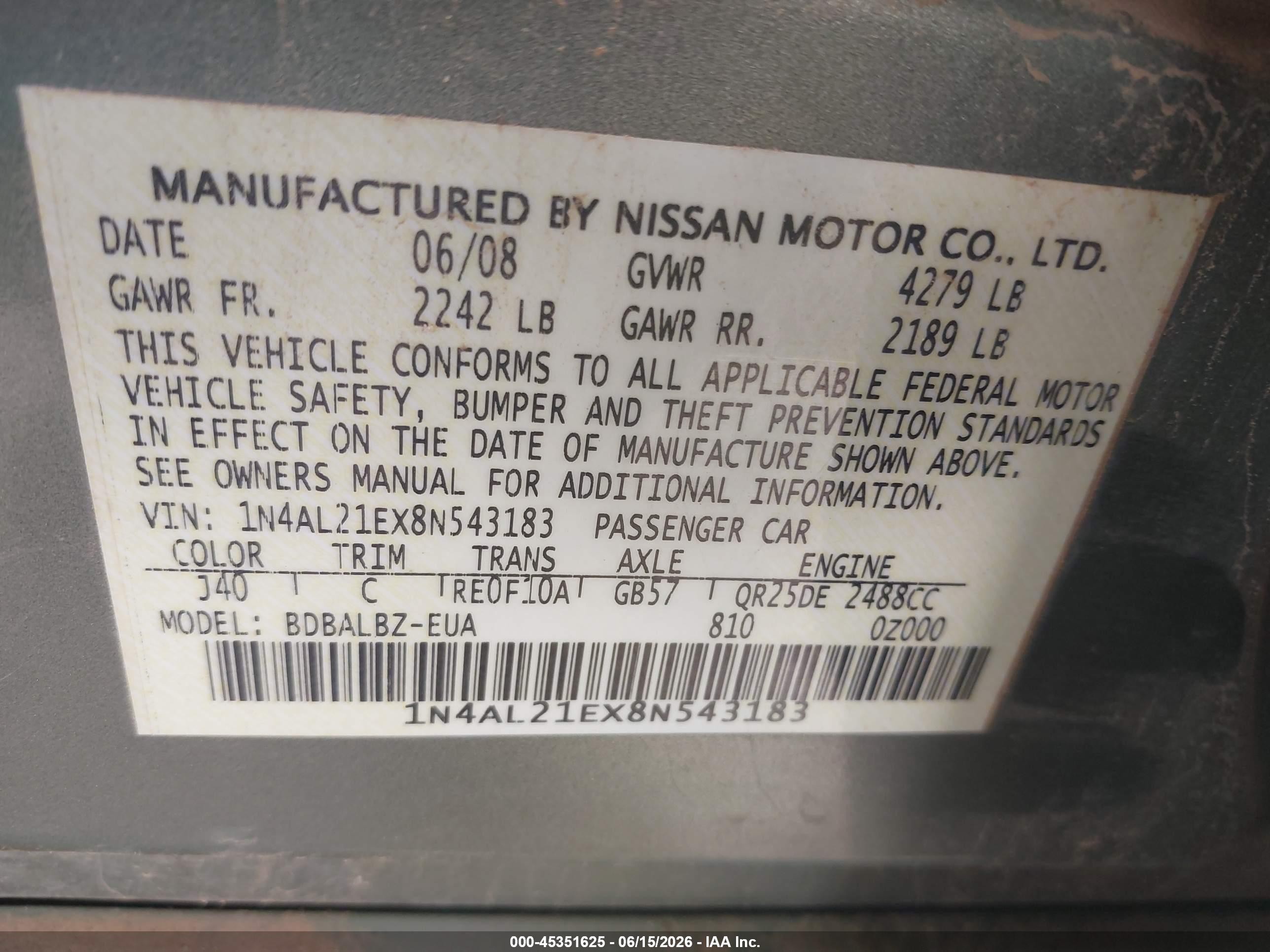 2008 Nissan Altima 2.5 S Green vin: 1N4AL21EX8N543183