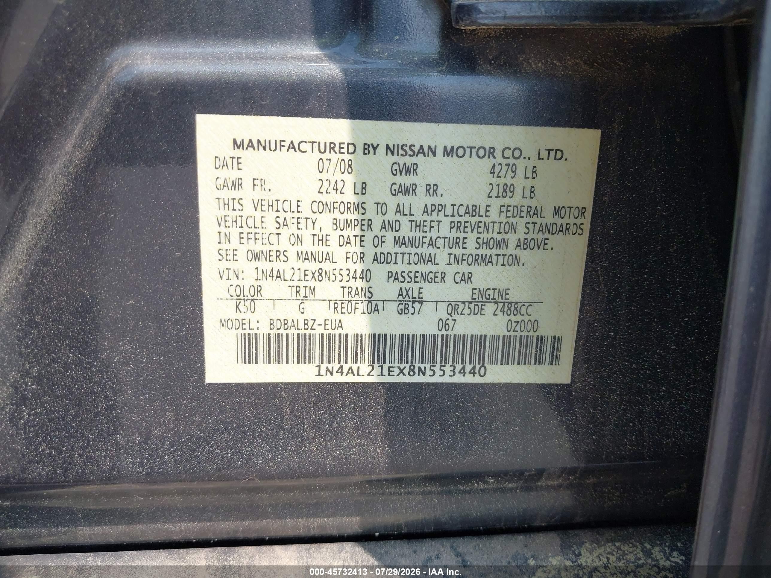2008 Nissan Altima 2.5 Sl Gray vin: 1N4AL21EX8N553440