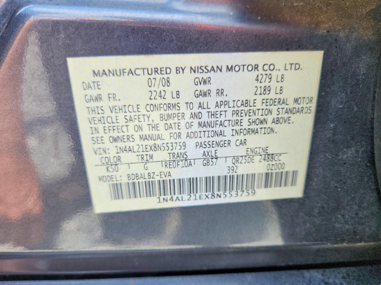 2008 Nissan Altima 2.5 Gray vin: 1N4AL21EX8N553759