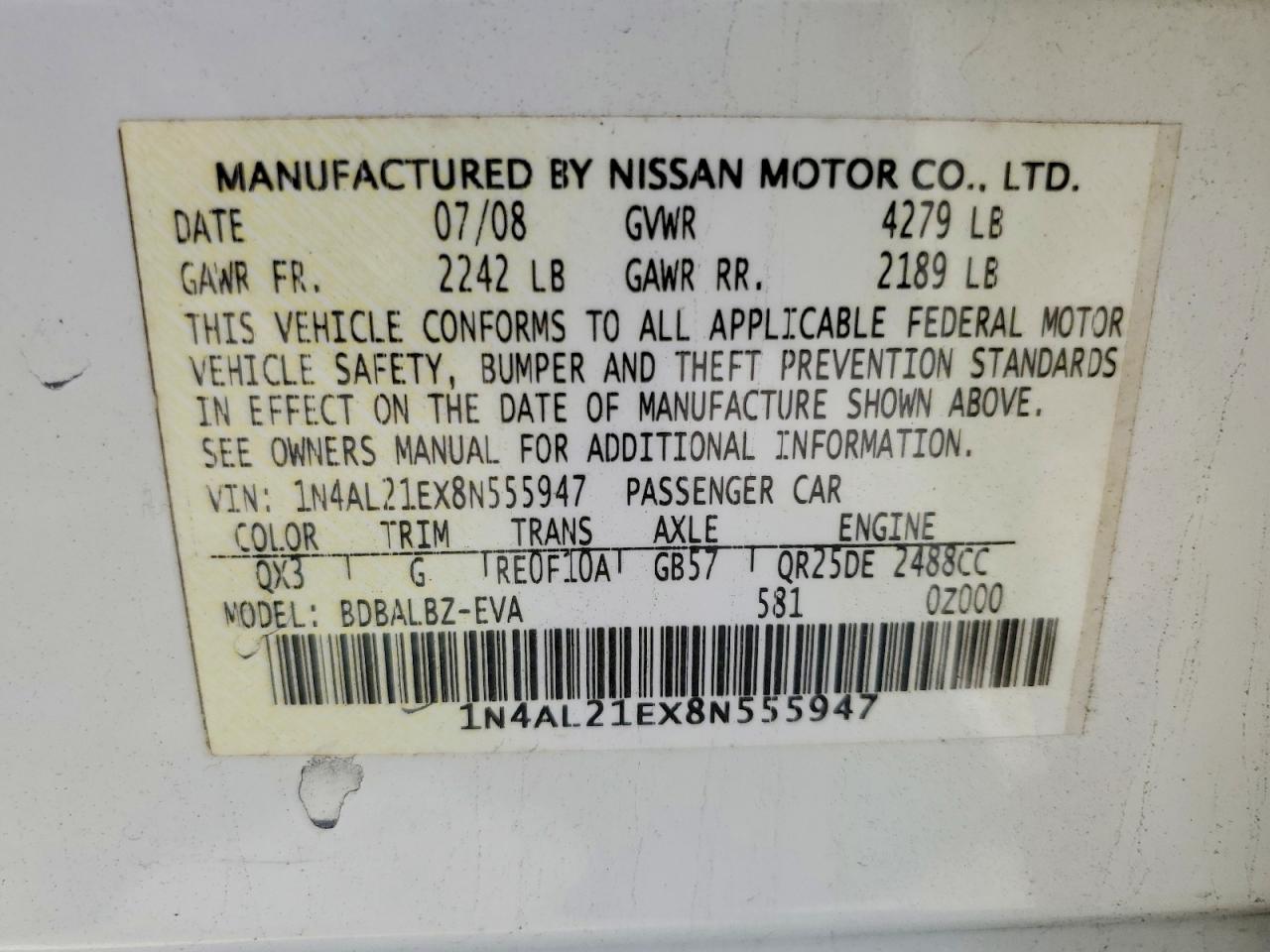 2008 Nissan Altima 2.5 White vin: 1N4AL21EX8N555947