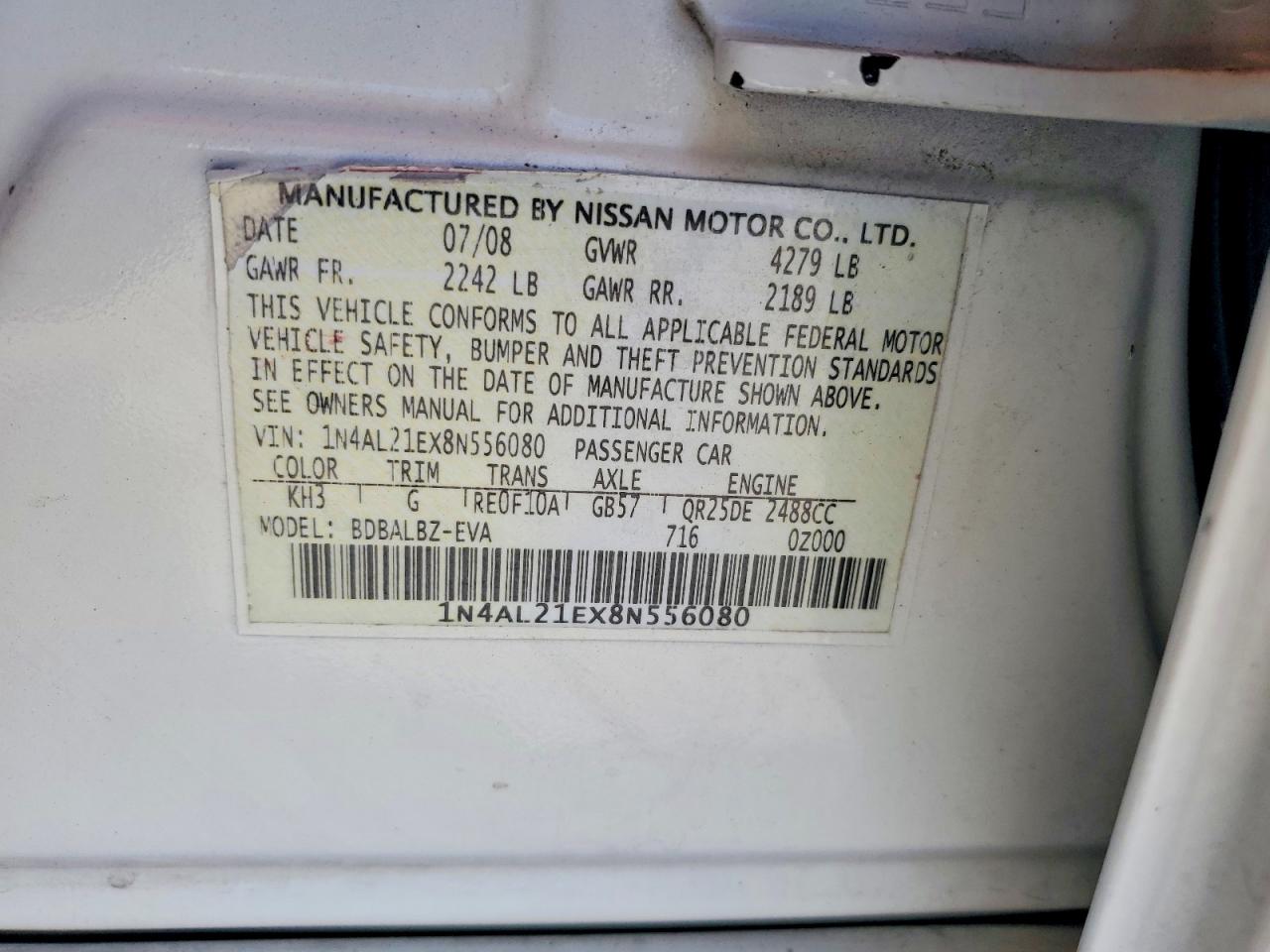 2008 Nissan Altima 2.5/2.5s White vin: 1N4AL21EX8N556080