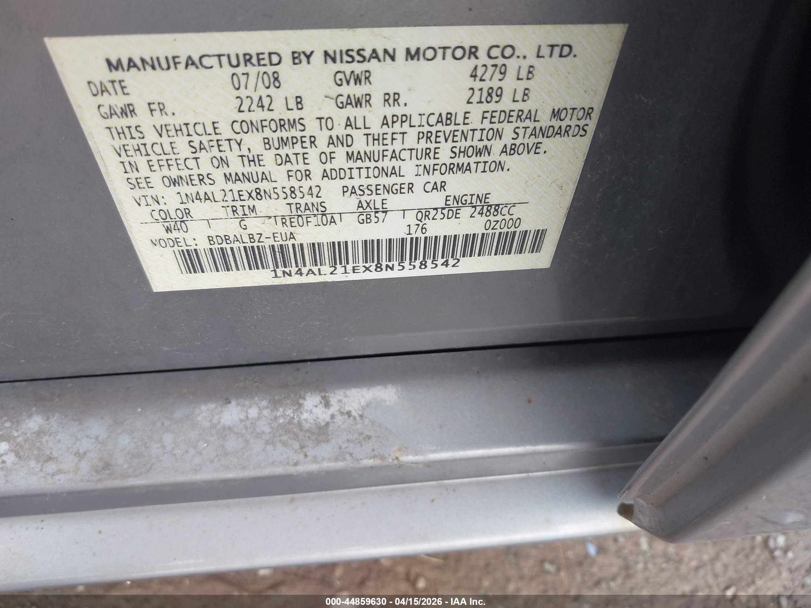 2008 Nissan Altima 2.5 S Серебряный vin: 1N4AL21EX8N558542
