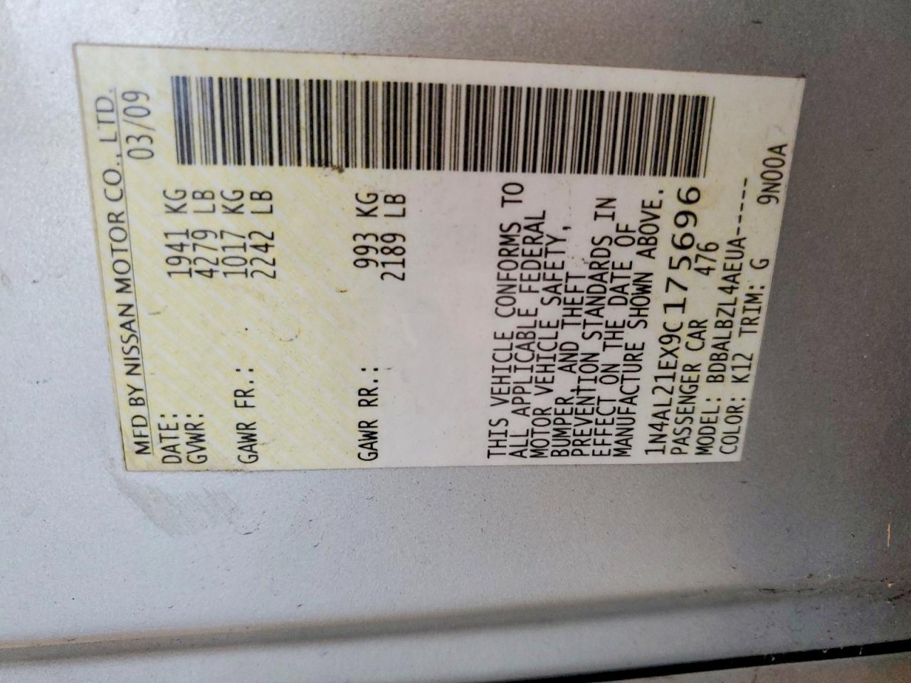 2009 Nissan Altima 2.5 Silver vin: 1N4AL21EX9C175696