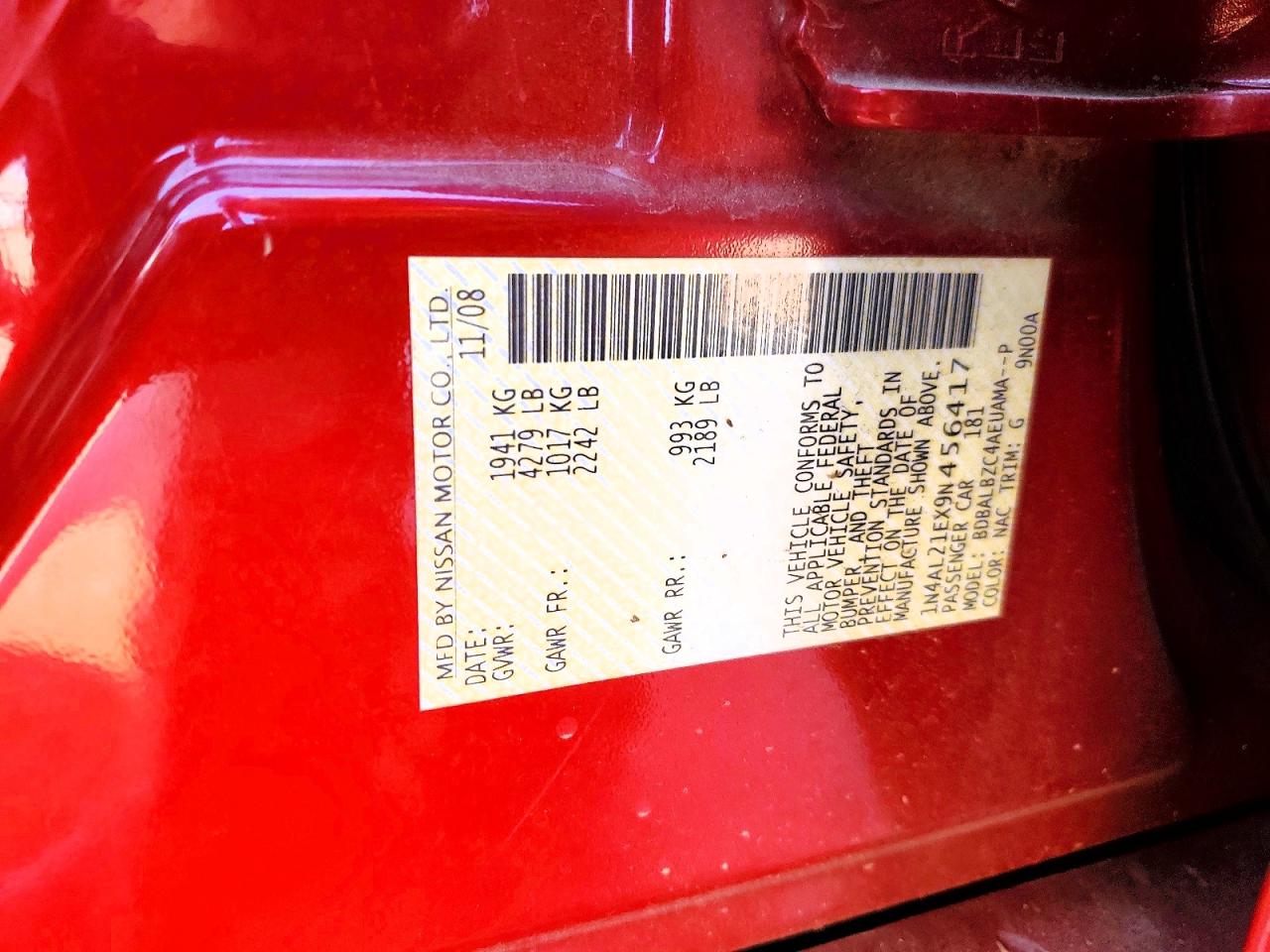 2009 Nissan Altima 2.5 Red vin: 1N4AL21EX9N456417