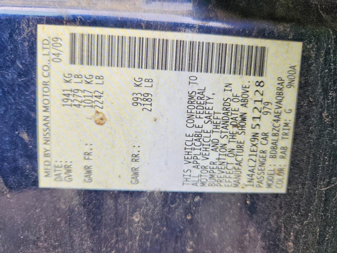 2009 Nissan Altima 2.5 Blue vin: 1N4AL21EX9N512128