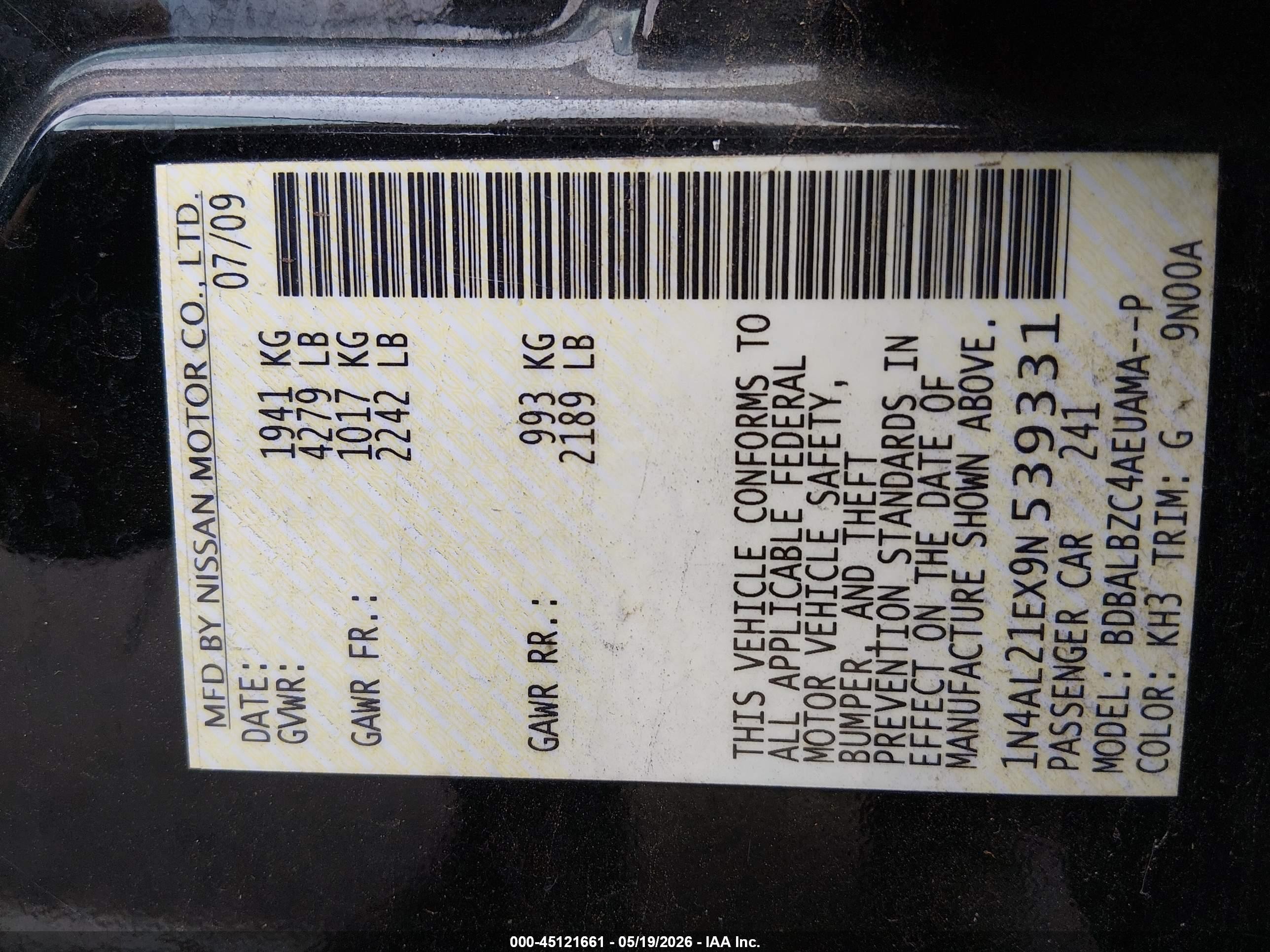 2009 Nissan Altima 2.5 S Black vin: 1N4AL21EX9N539331