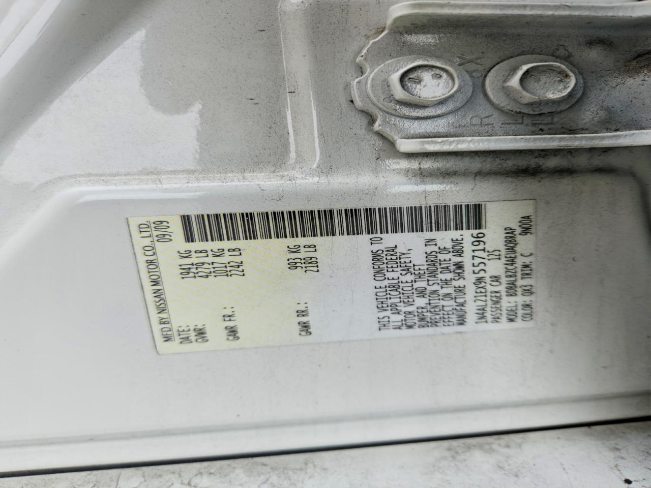2009 Nissan Altima 2.5 Белый vin: 1N4AL21EX9N557196