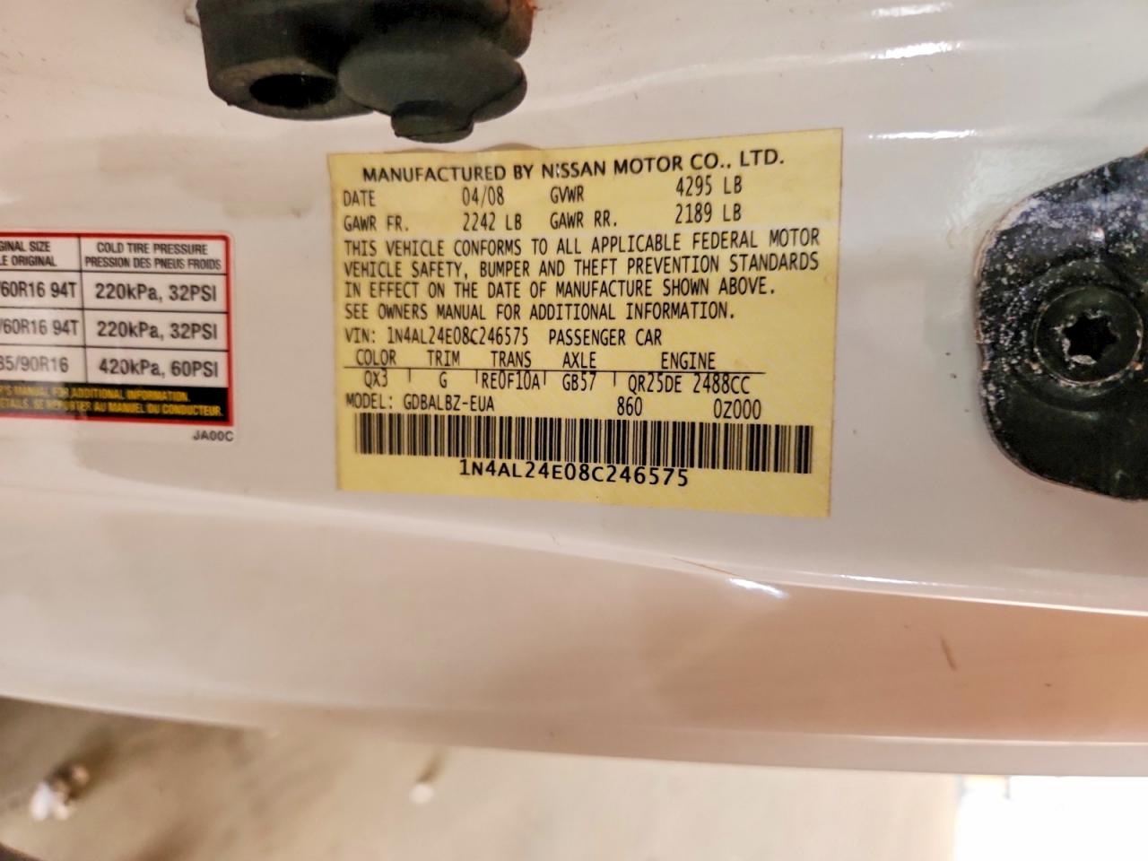 2008 Nissan Altima 2.5s White vin: 1N4AL24E08C246575