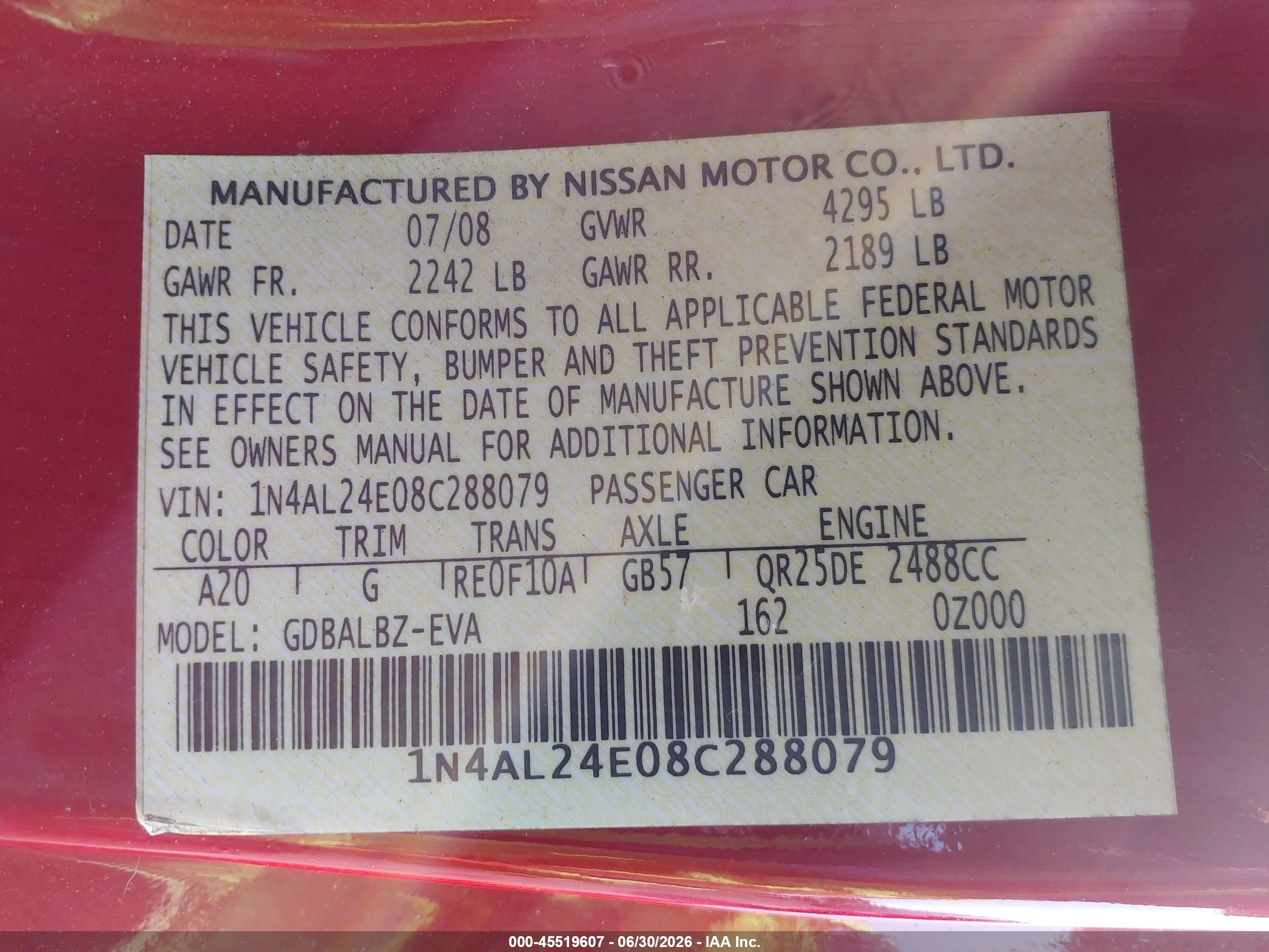 2008 Nissan Altima 2.5 S Красный vin: 1N4AL24E08C288079