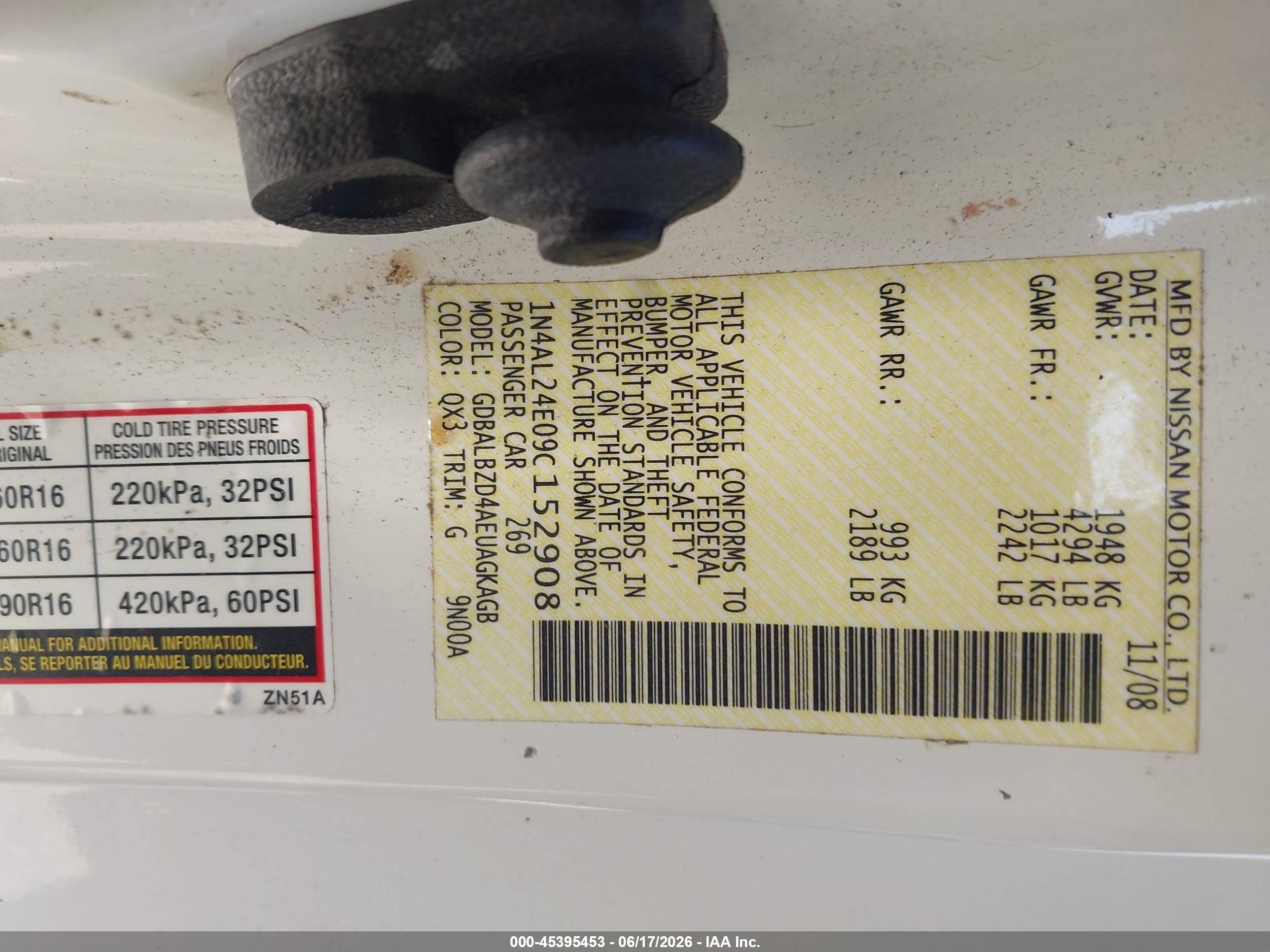 2009 Nissan Altima 2.5 S White vin: 1N4AL24E09C152908