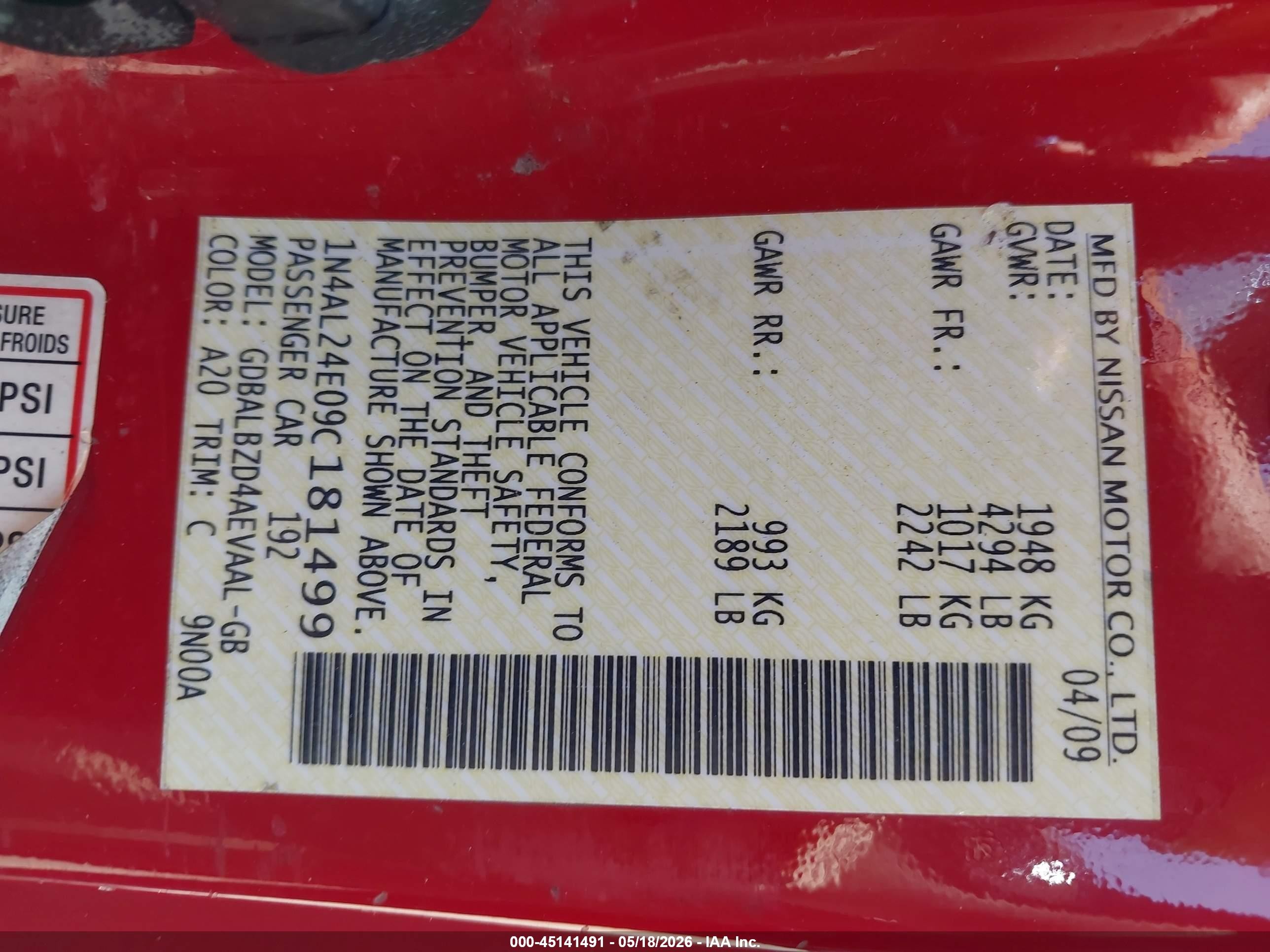 2009 Nissan Altima 2.5 S Red vin: 1N4AL24E09C181499